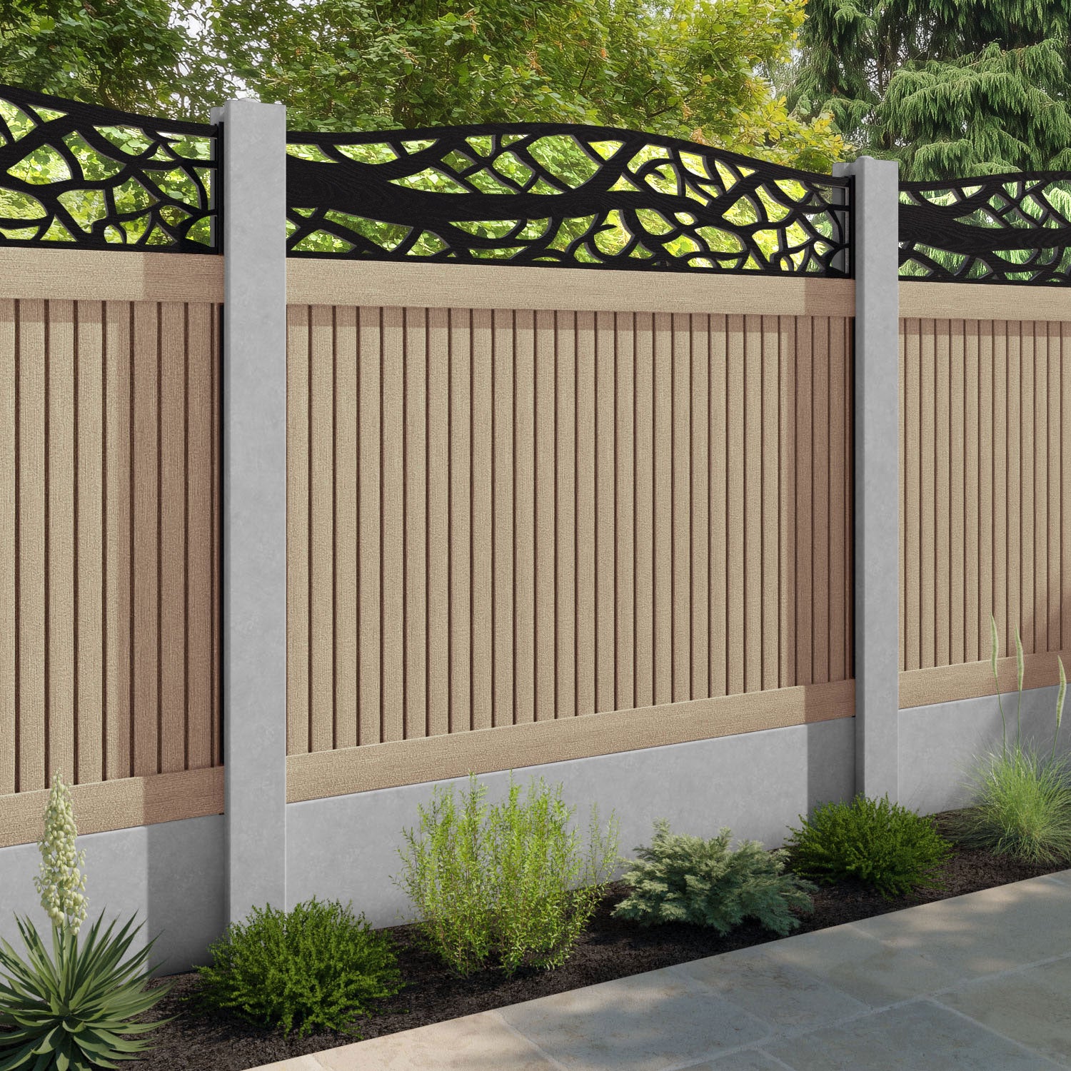 Virtis Twilight Curved Top Fence Panel - Light Oak - for existing concrete posts