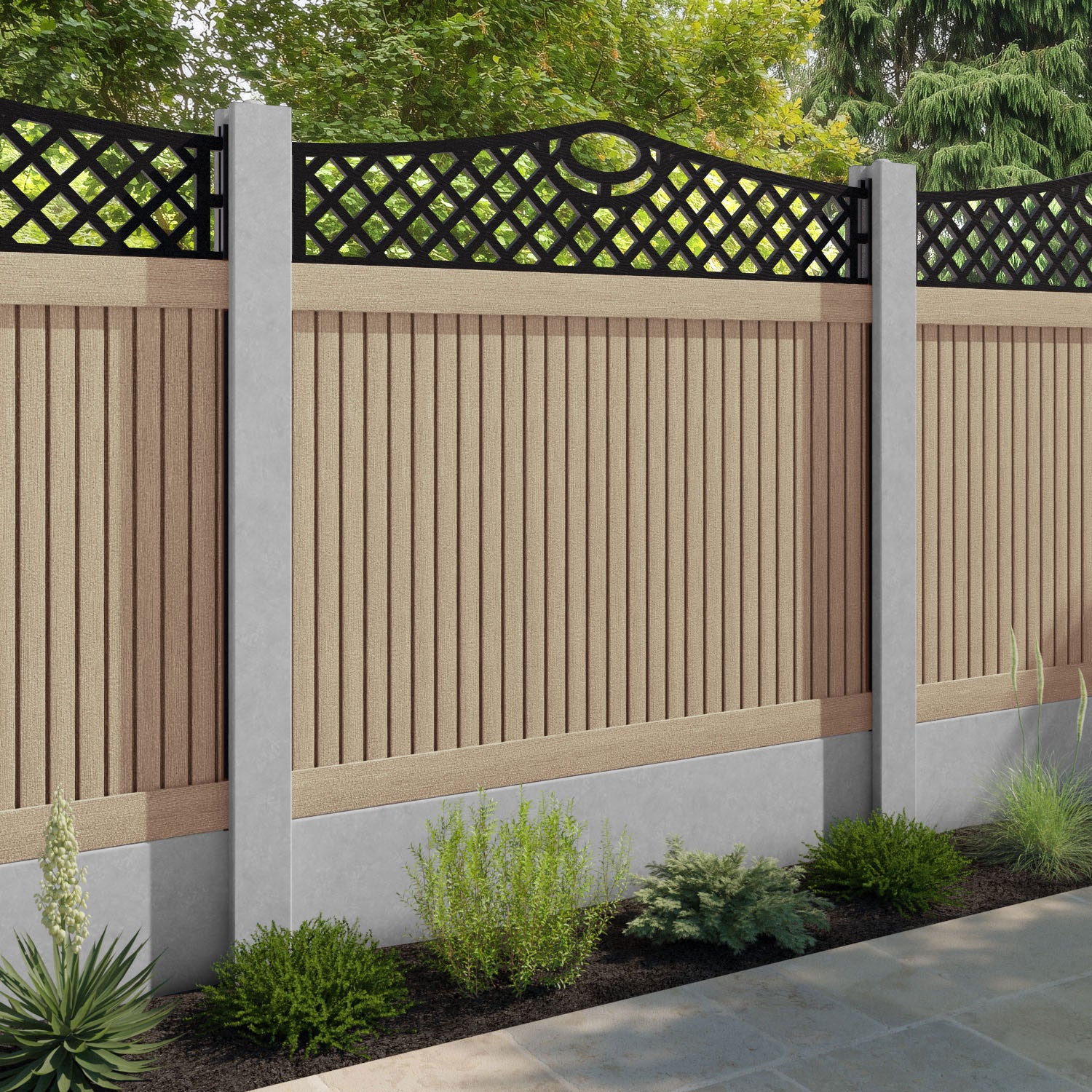 Virtis Oxford Curved Top Fence Panel - Light Oak - for existing concrete posts