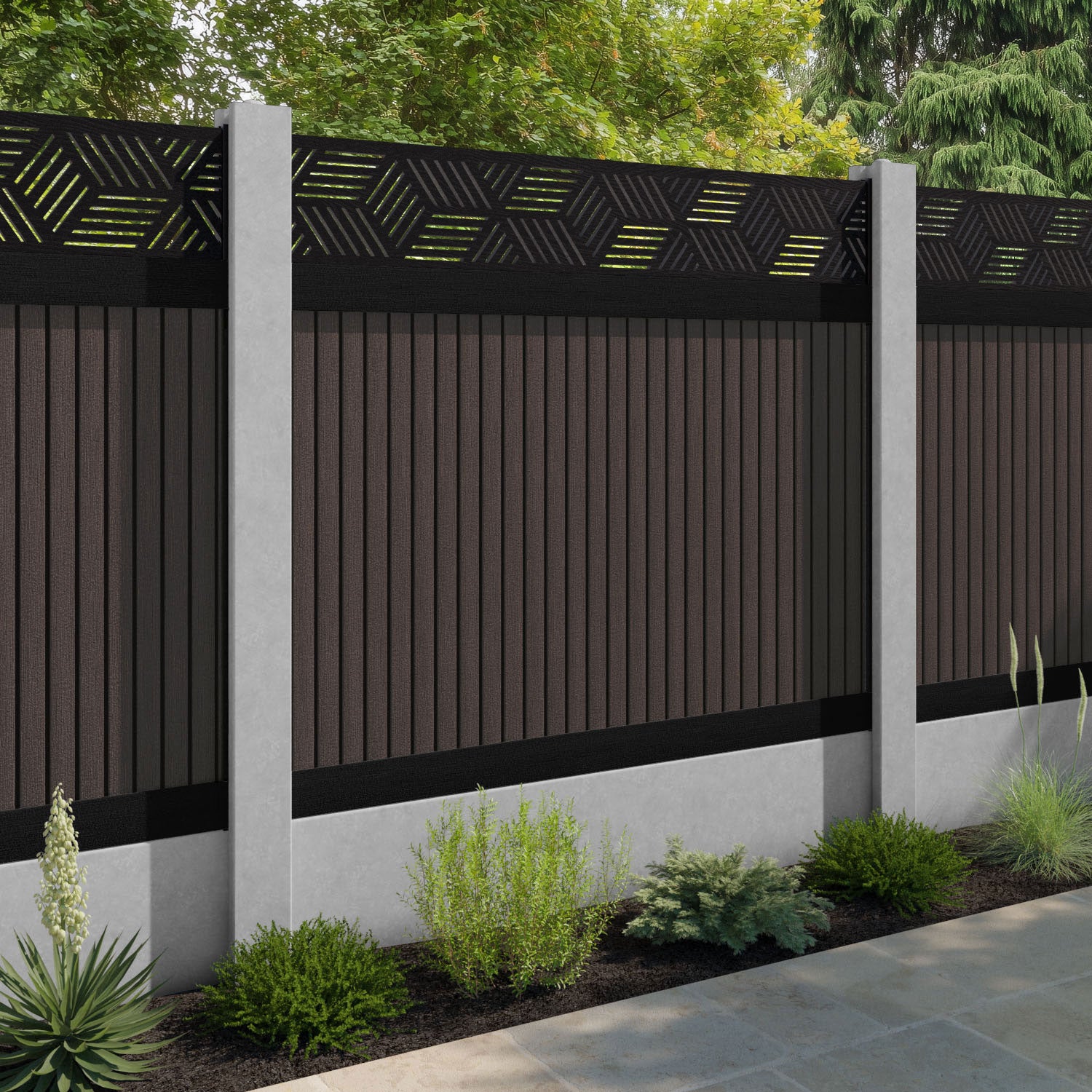 Virtis Cubed Fence Panel - Mid Brown - for existing concrete posts