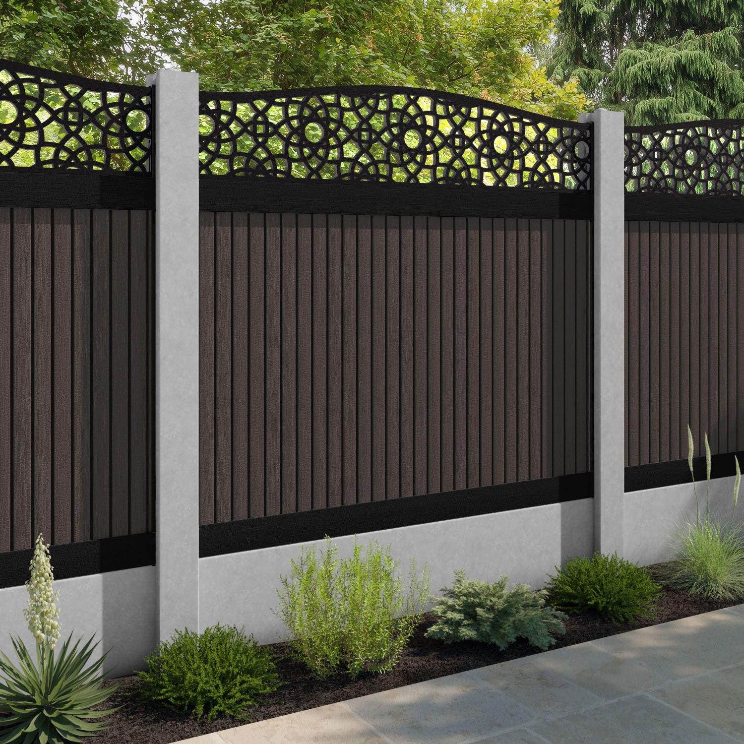 Virtis Ambar Curved Top Fence Panel - Mid Brown - for existing concrete posts