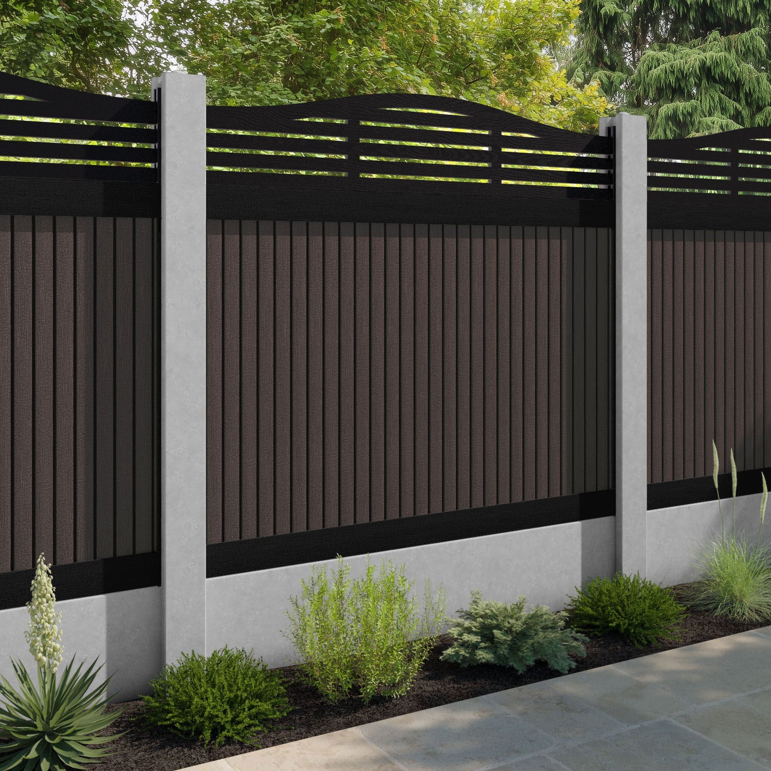 Virtis Aspen Curved Top Fence Panel - Mid Brown - for existing concrete posts