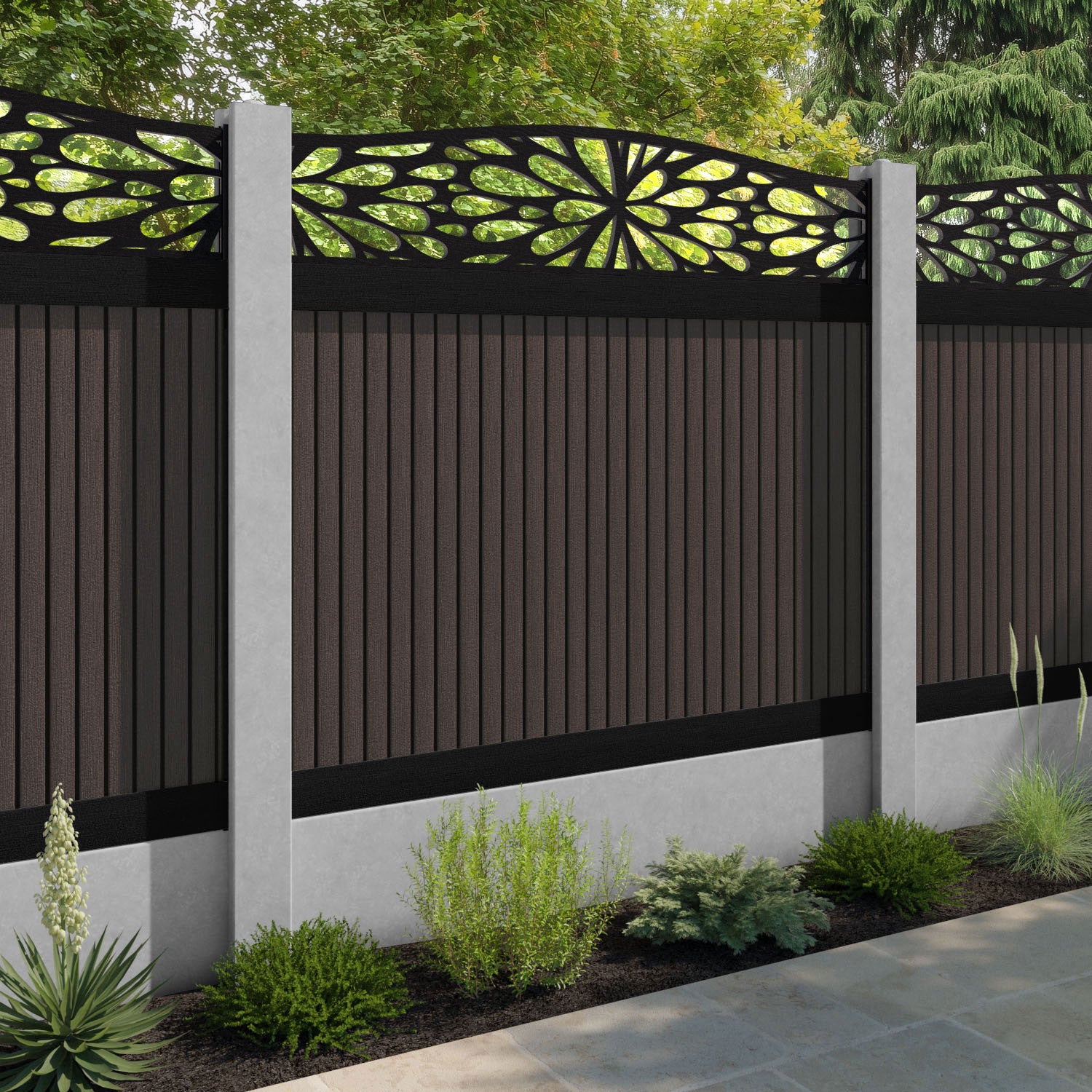 Virtis Blossom Curved Top Fence Panel - Mid Brown - for existing concrete posts