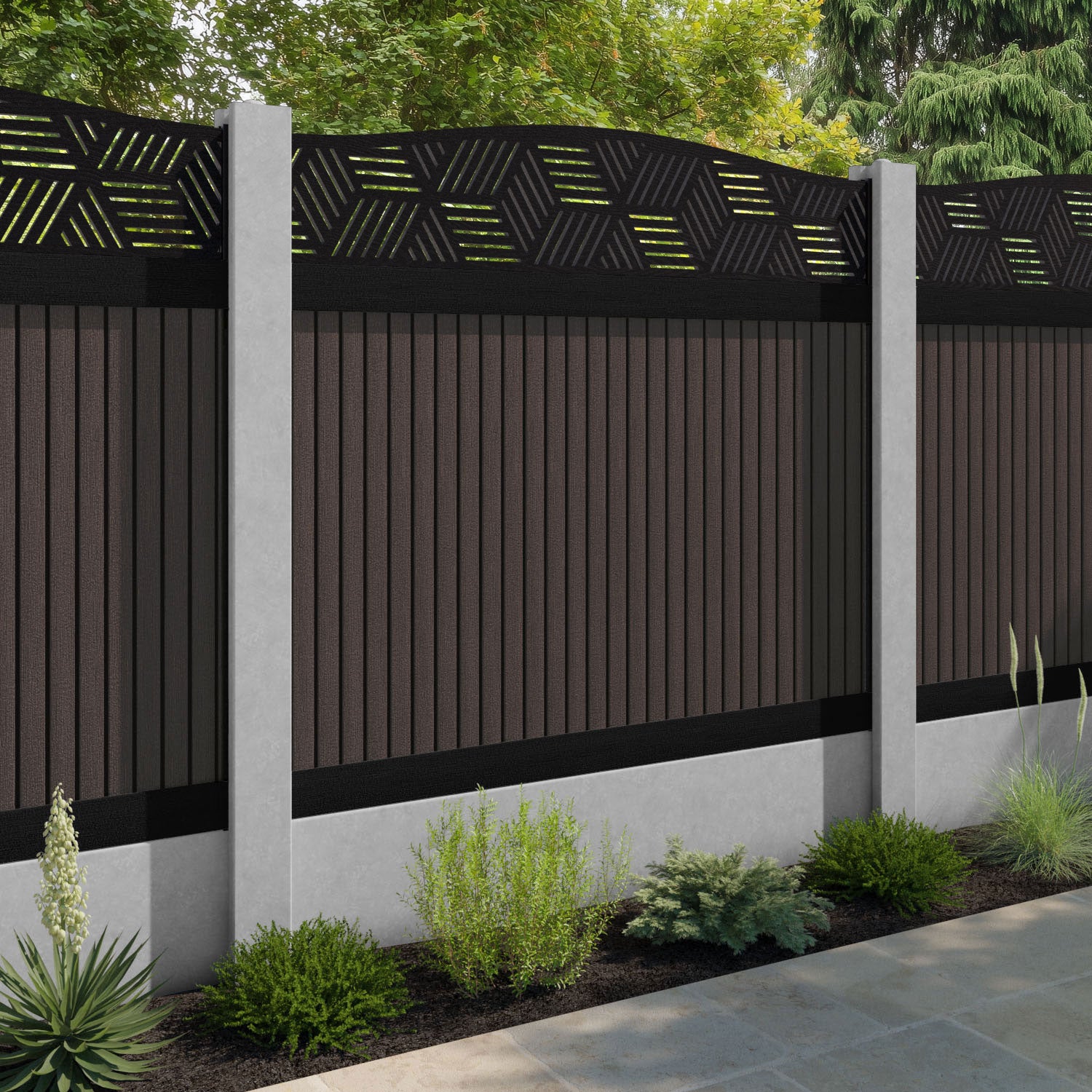 Virtis Cubed Curved Top Fence Panel - Mid Brown - for existing concrete posts