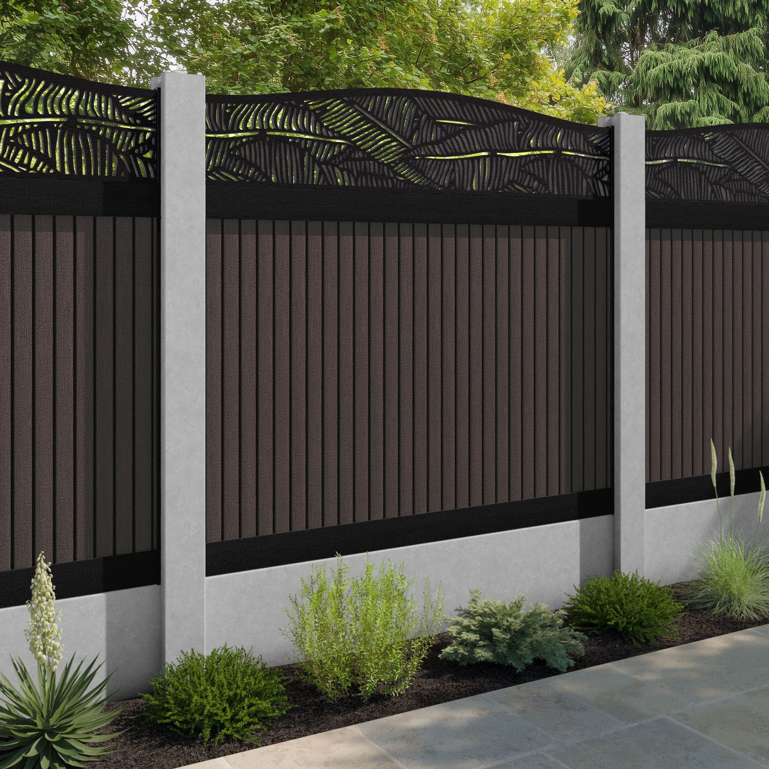 Virtis Feather Curved Top Fence Panel - Mid Brown - for existing concrete posts