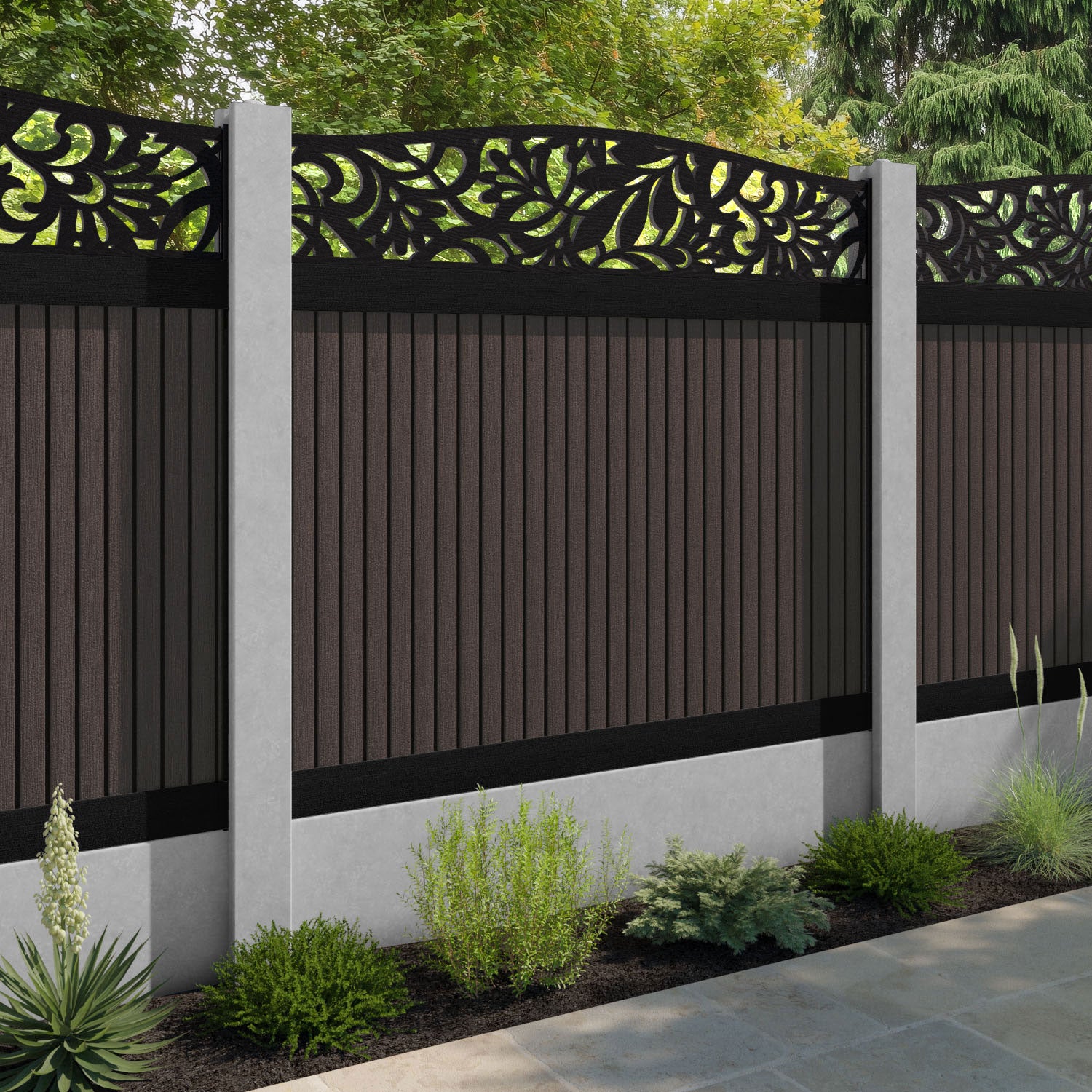 Virtis Heritage Curved Top Fence Panel - Mid Brown - for existing concrete posts