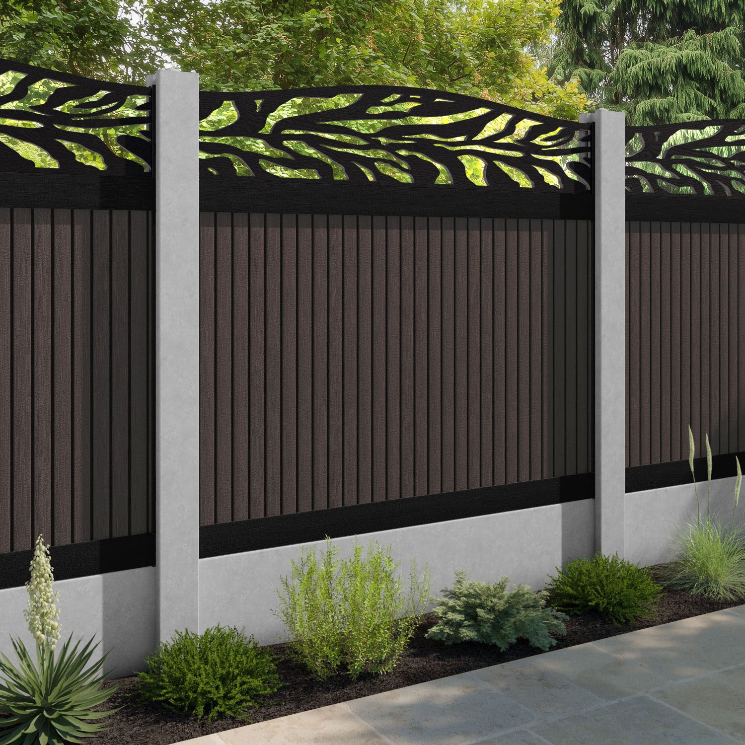 Virtis Malawi Curved Top Fence Panel - Mid Brown - for existing concrete posts