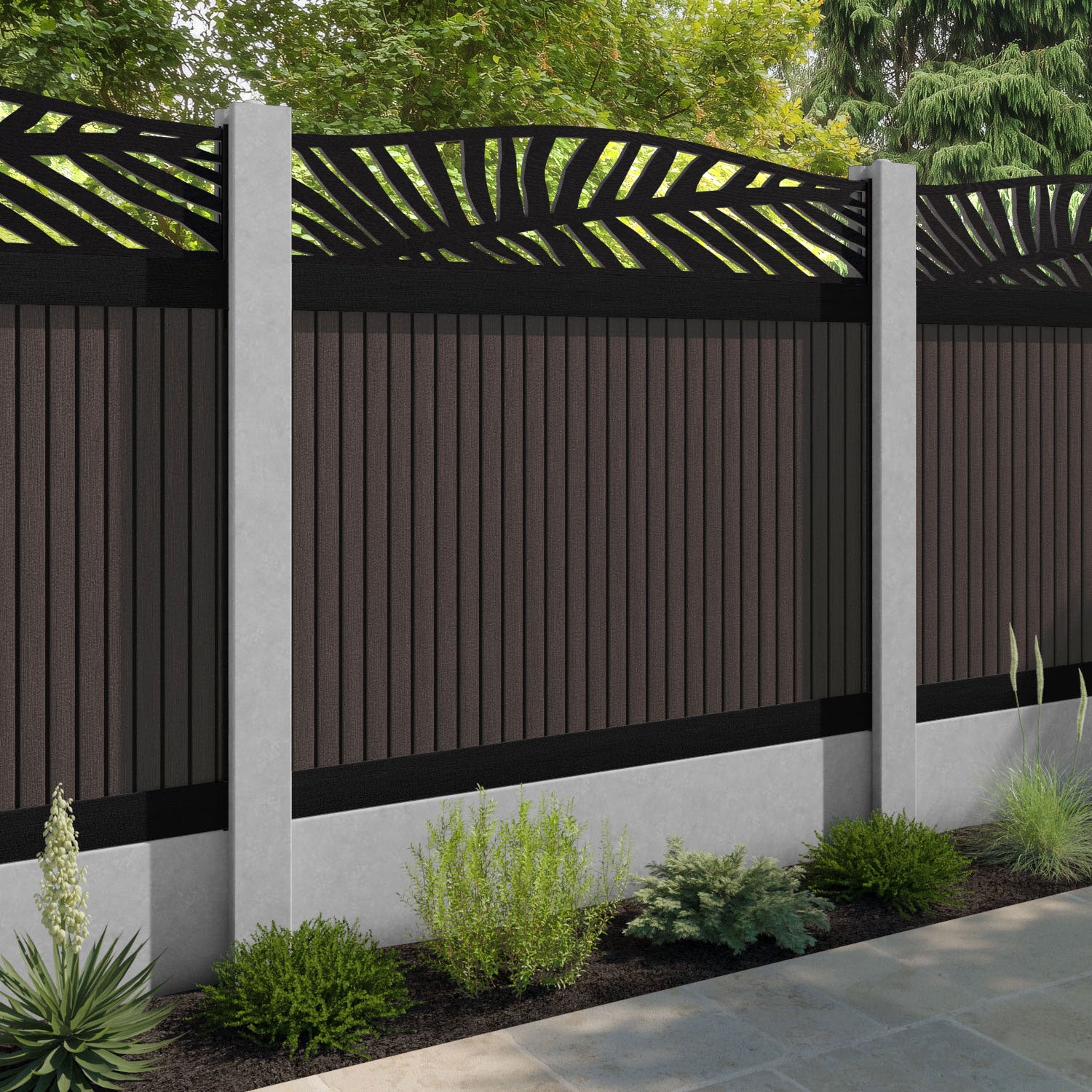 Virtis Palm Curved Top Fence Panel - Mid Brown - for existing concrete posts
