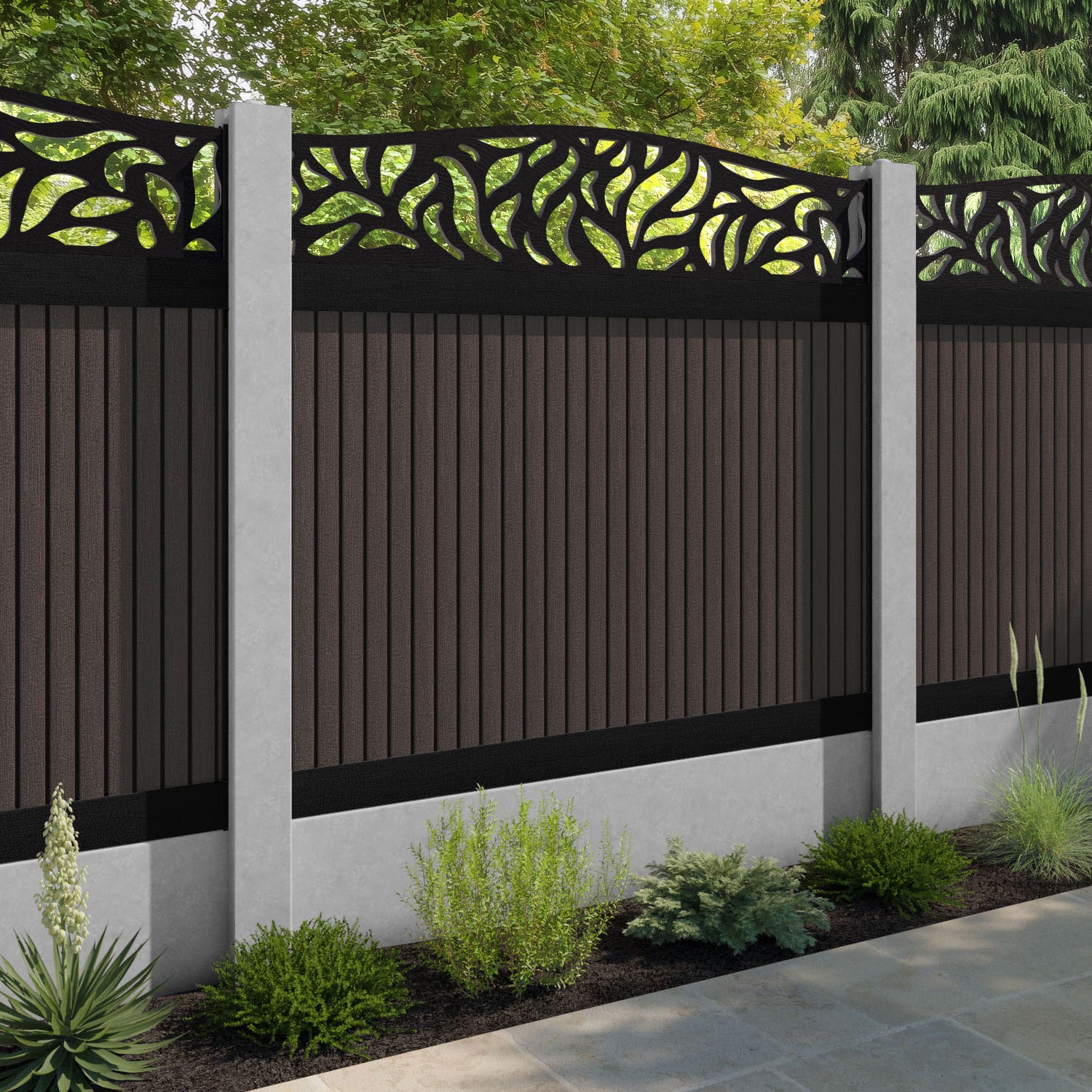 Virtis Plume Curved Top Fence Panel - Mid Brown - for existing concrete posts