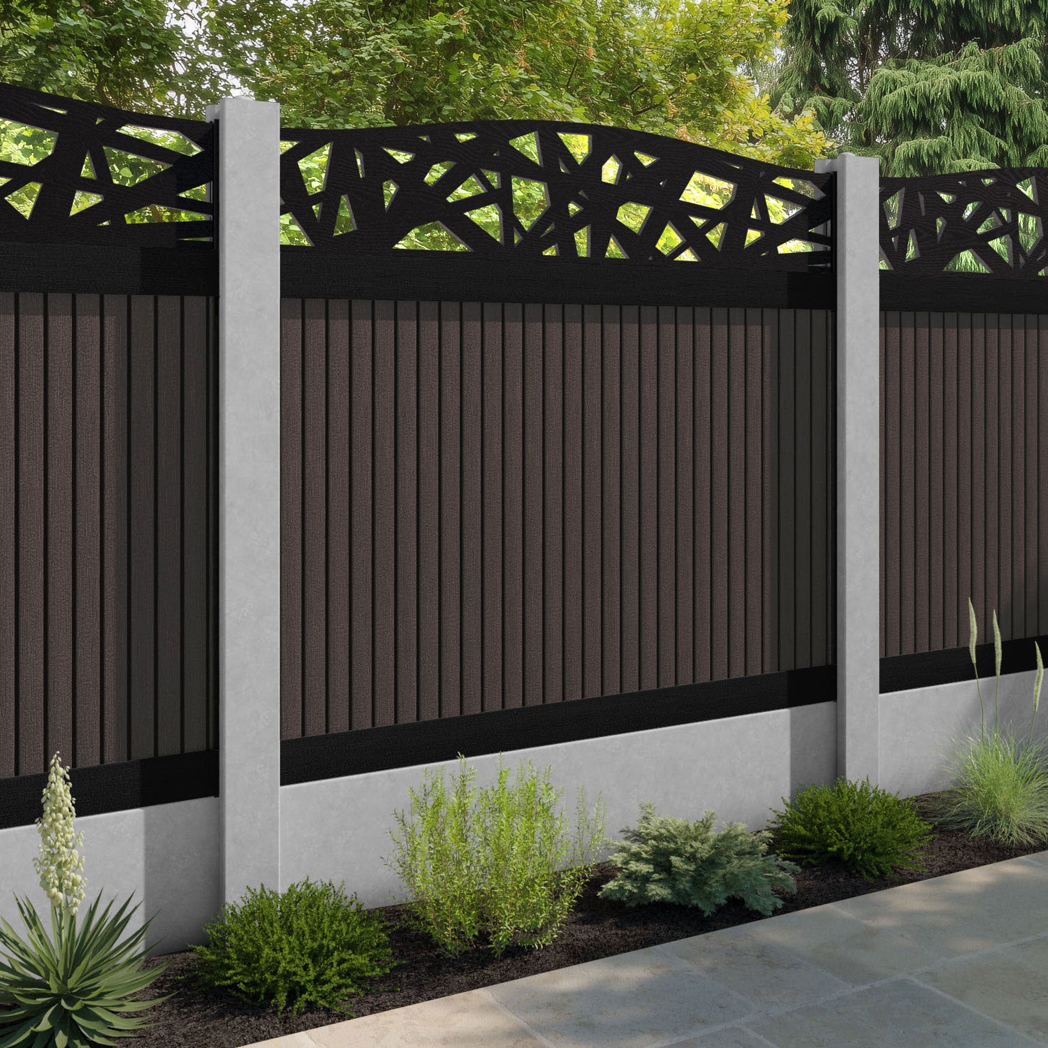 Virtis Prism Curved Top Fence Panel - Mid Brown - for existing concrete posts