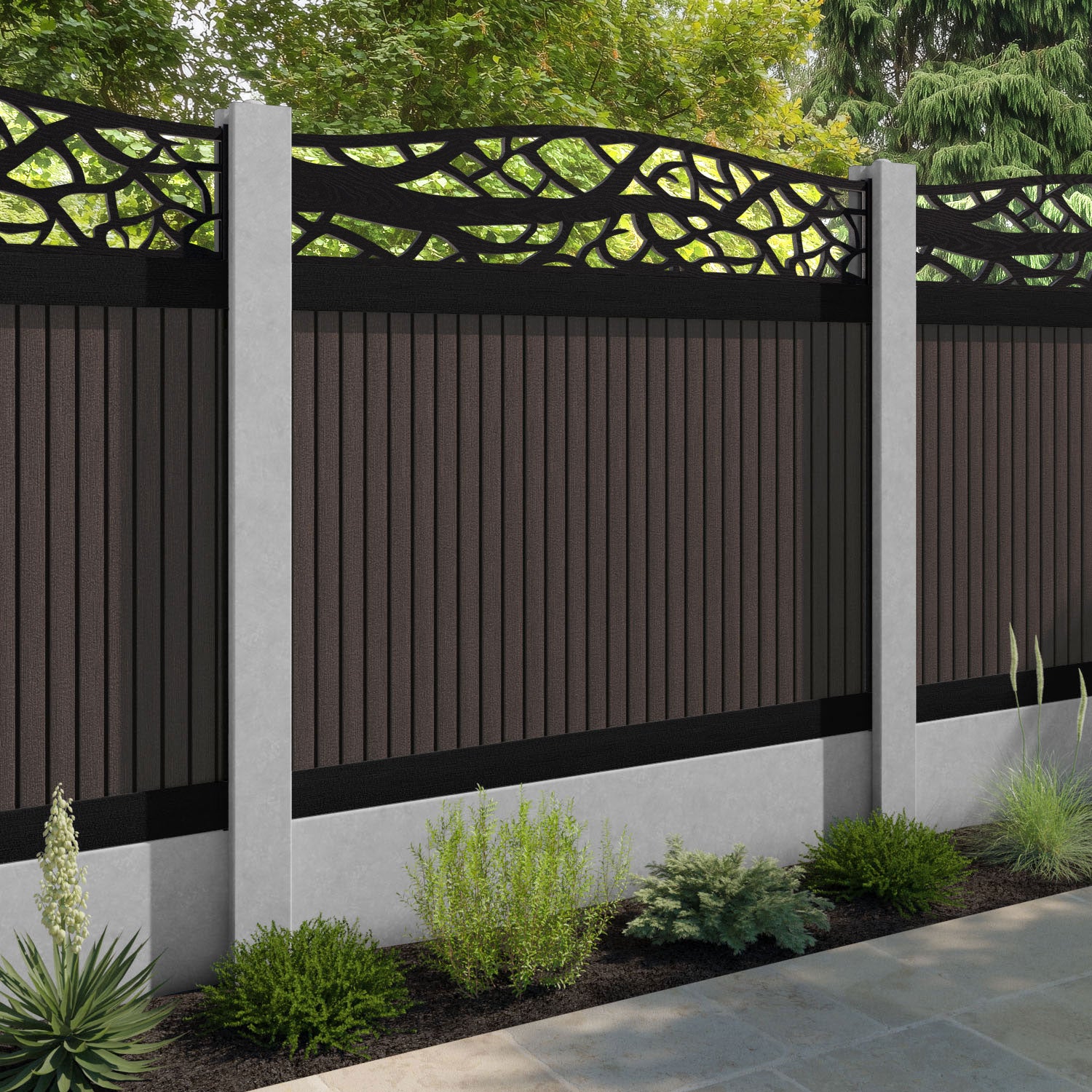 Virtis Twilight Curved Top Fence Panel - Mid Brown - for existing concrete posts