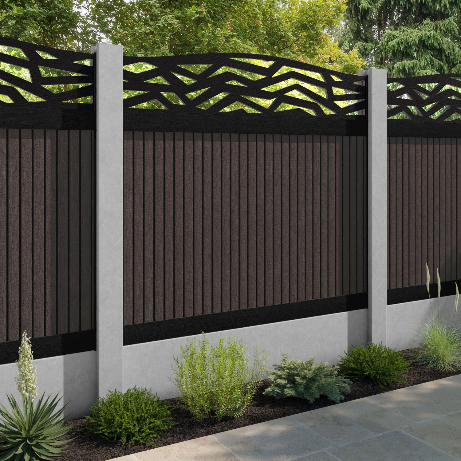 Virtis Zenith Curved Top Fence Panel - Mid Brown - for existing concrete posts