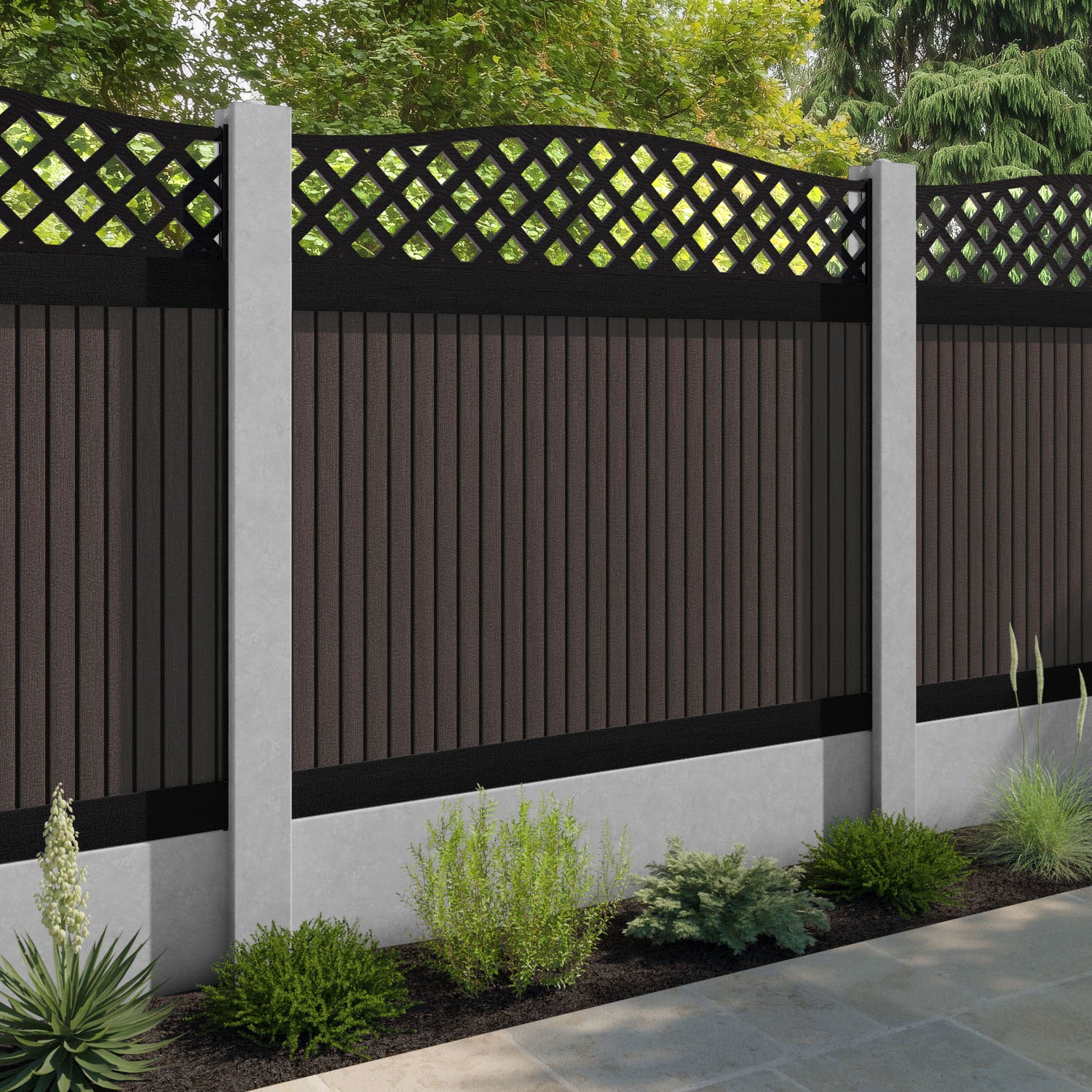 Virtis High Wave Fence Panel - Mid Brown - for existing concrete posts