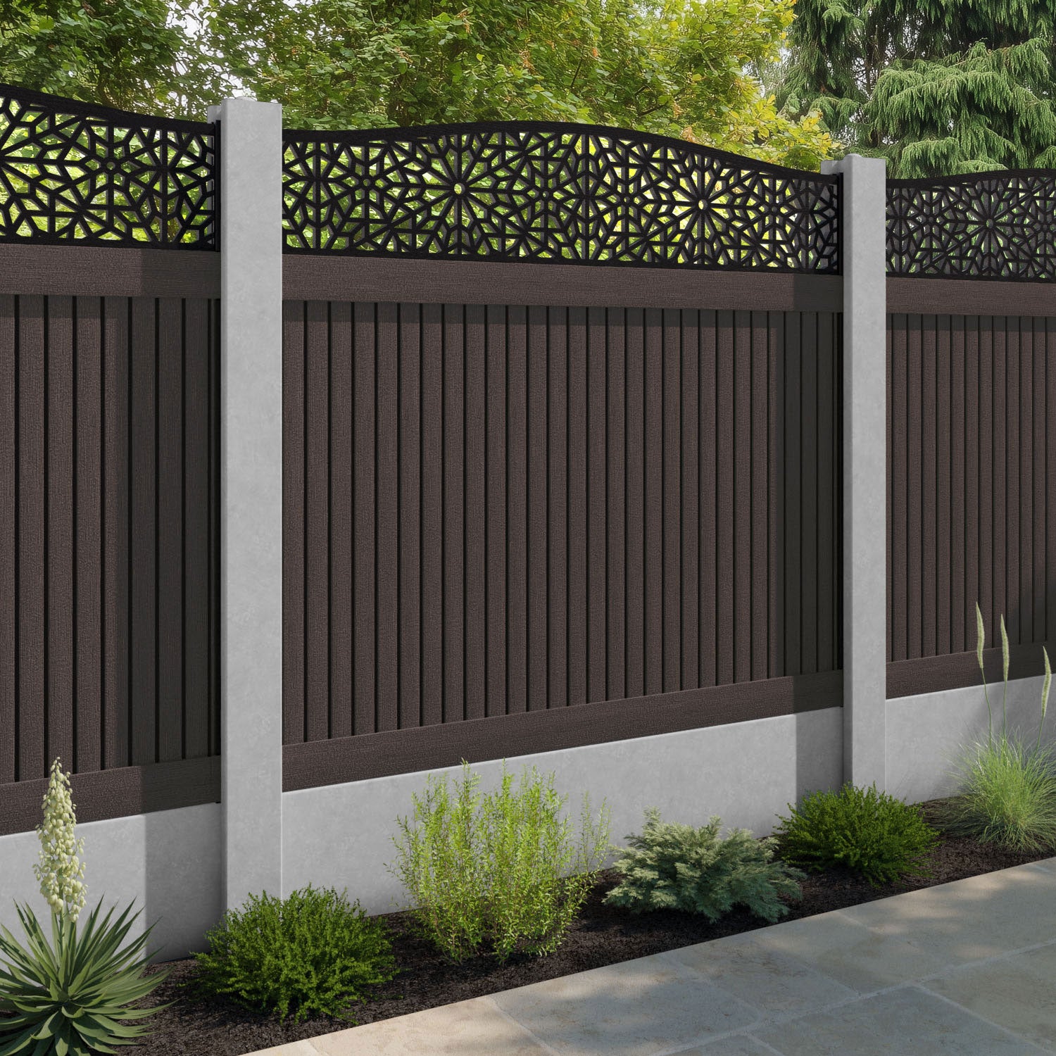 Virtis Alnara Curved Top Fence Panel - Mid Brown - for existing concrete posts