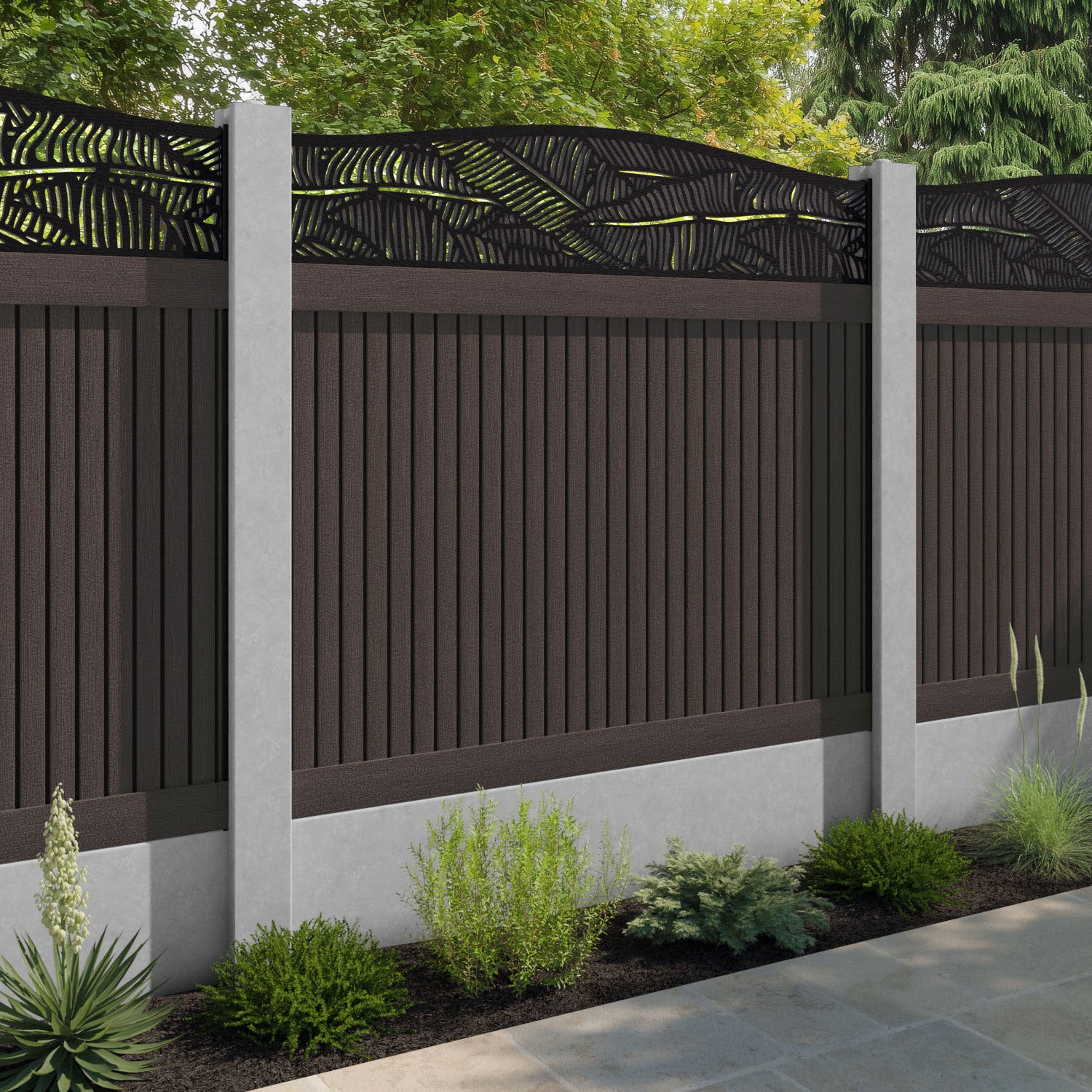 Virtis Feather Curved Top Fence Panel - Mid Brown - for existing concrete posts