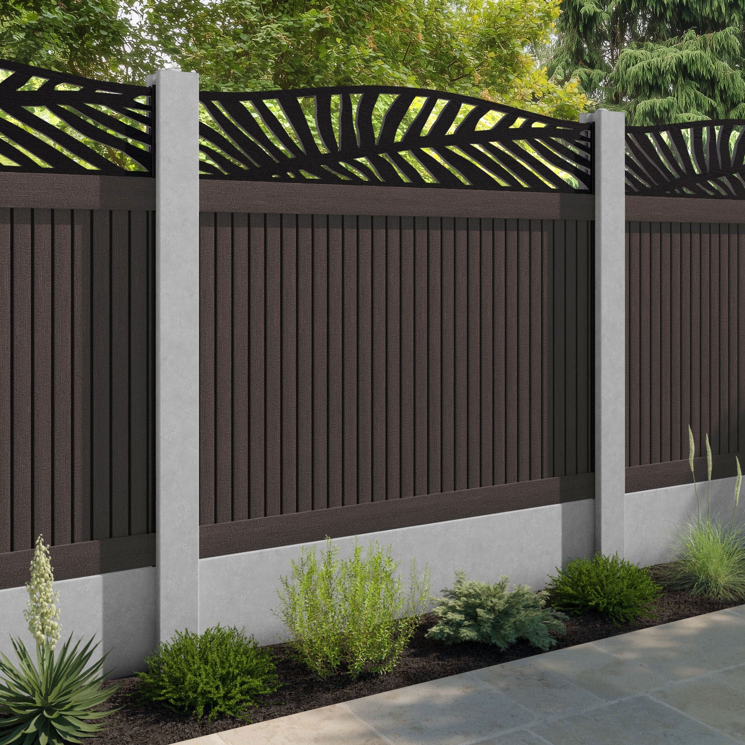 Virtis Palm Curved Top Fence Panel - Mid Brown - for existing concrete posts