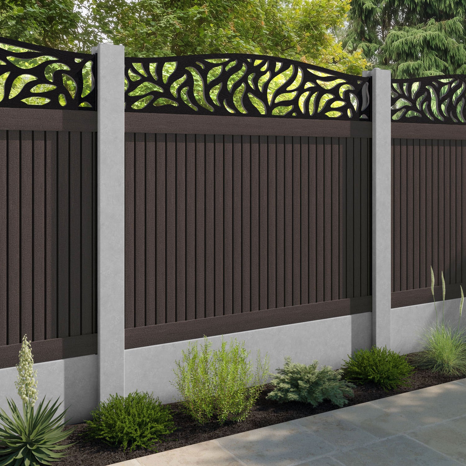Virtis Plume Curved Top Fence Panel - Mid Brown - for existing concrete posts