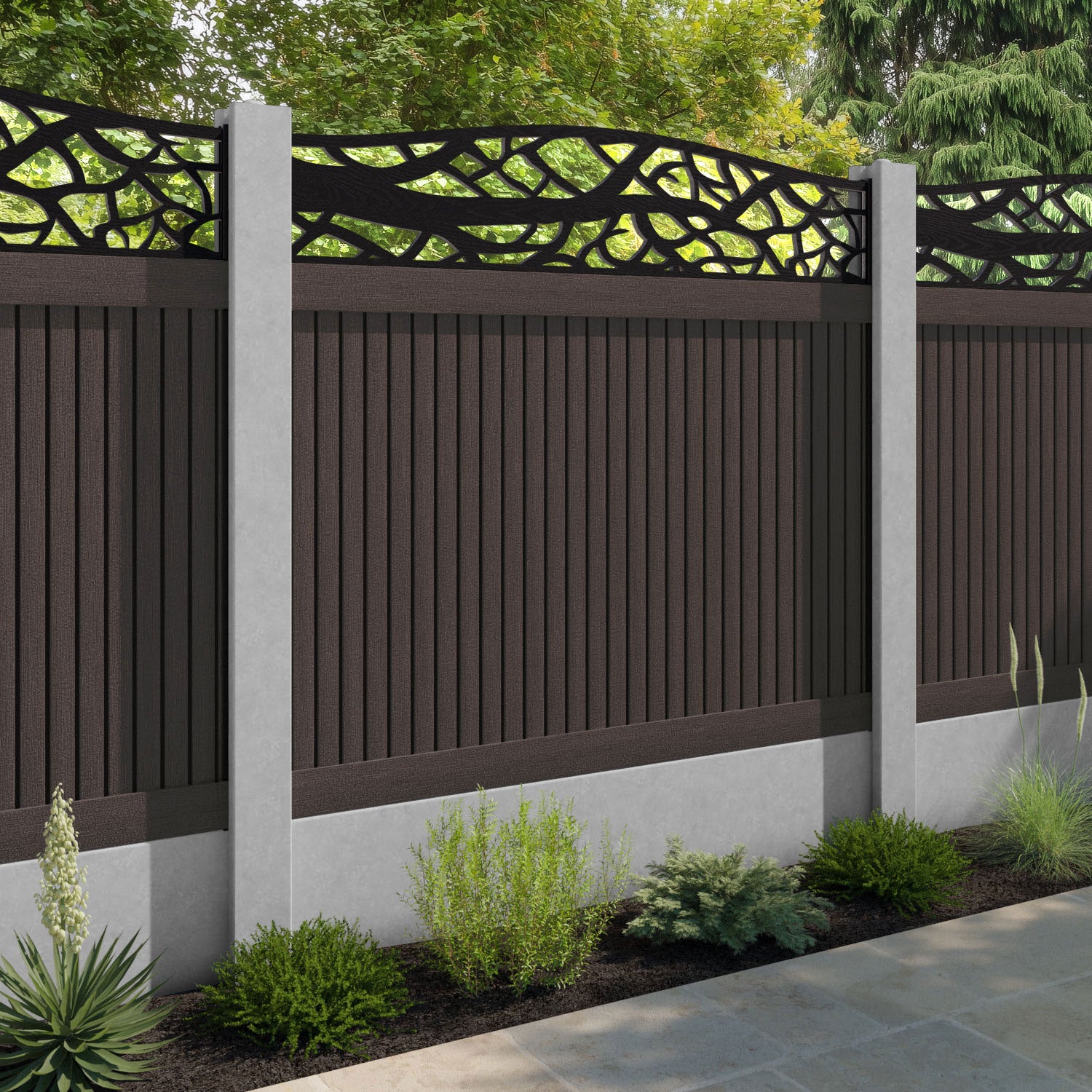 Virtis Twilight Curved Top Fence Panel - Mid Brown - for existing concrete posts