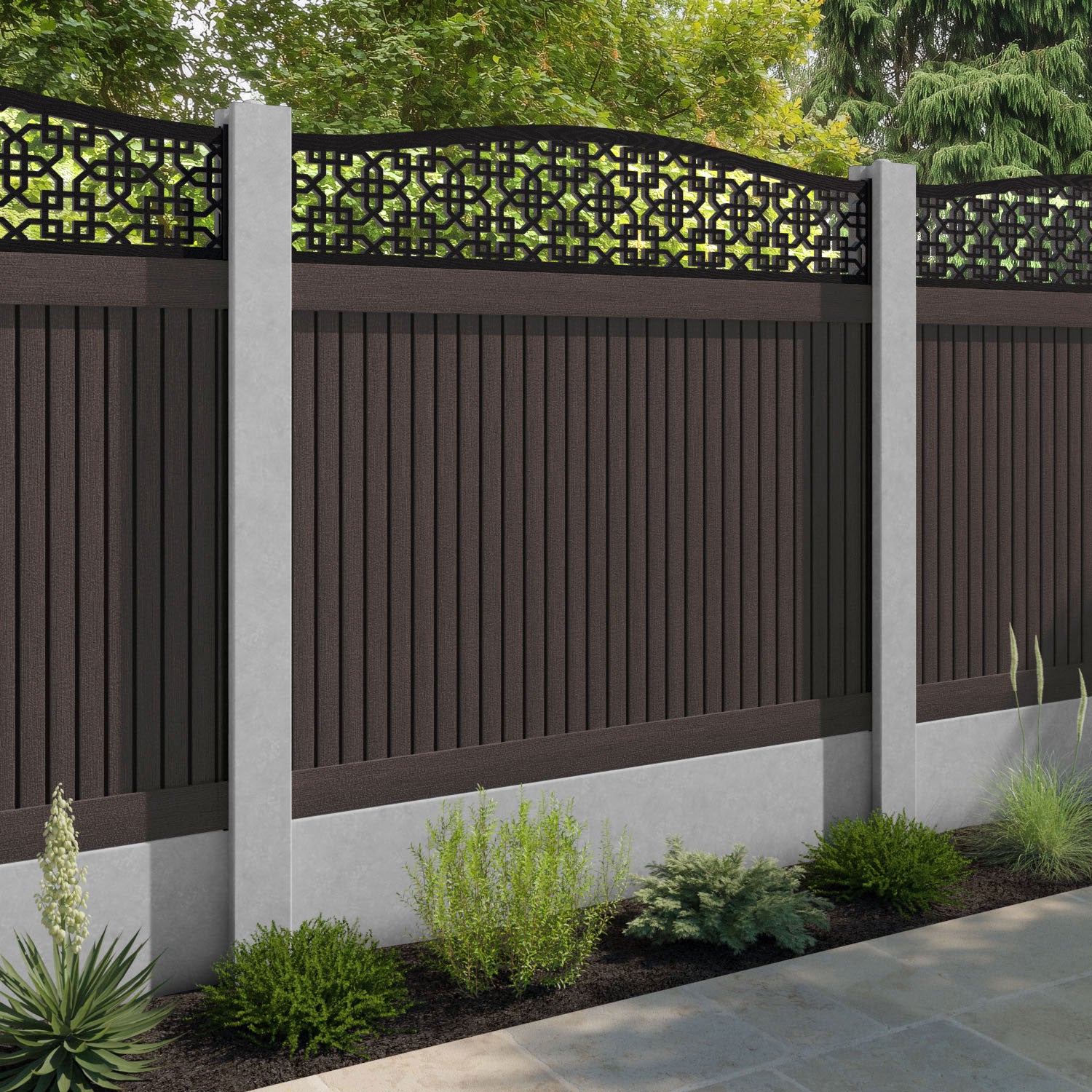 Virtis Zaria Curved Top Fence Panel - Mid Brown - for existing concrete posts