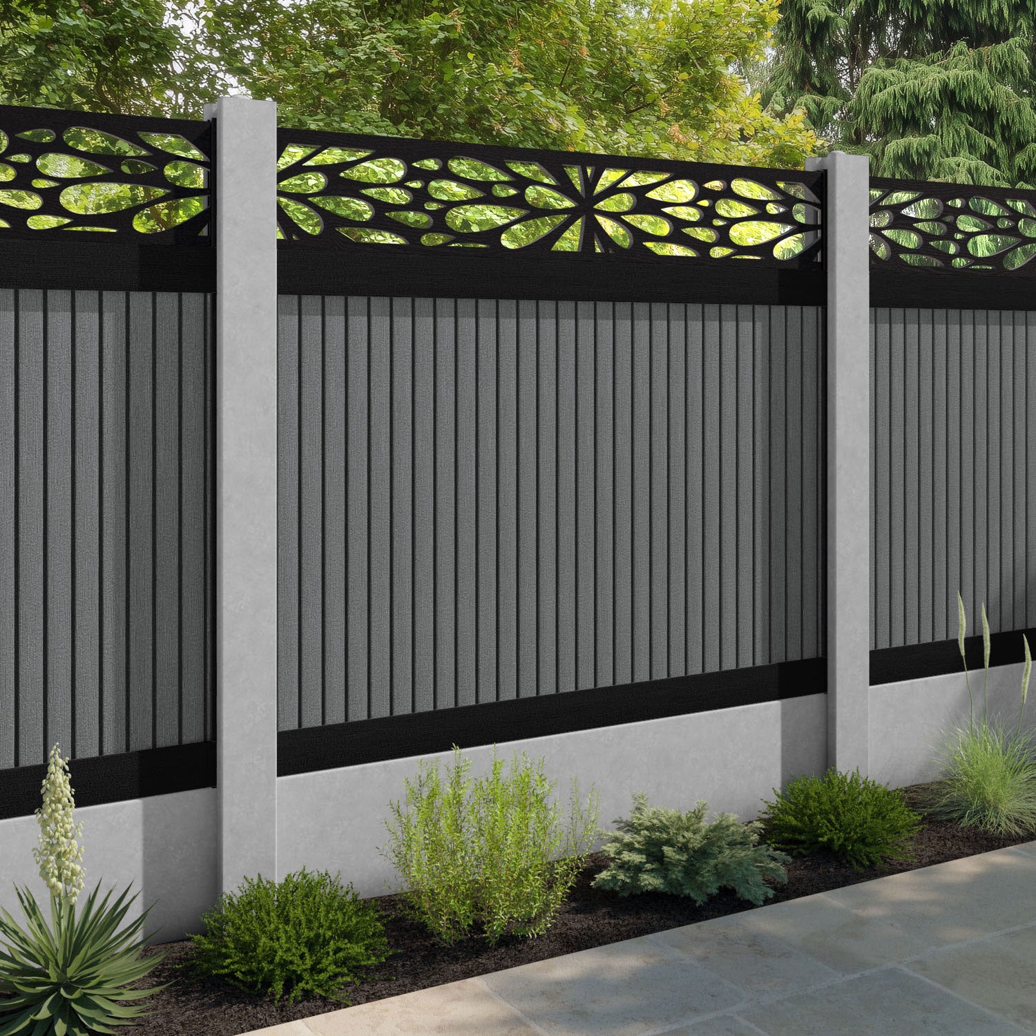 Virtis Blossom Fence Panel - Mid Grey - for existing concrete posts