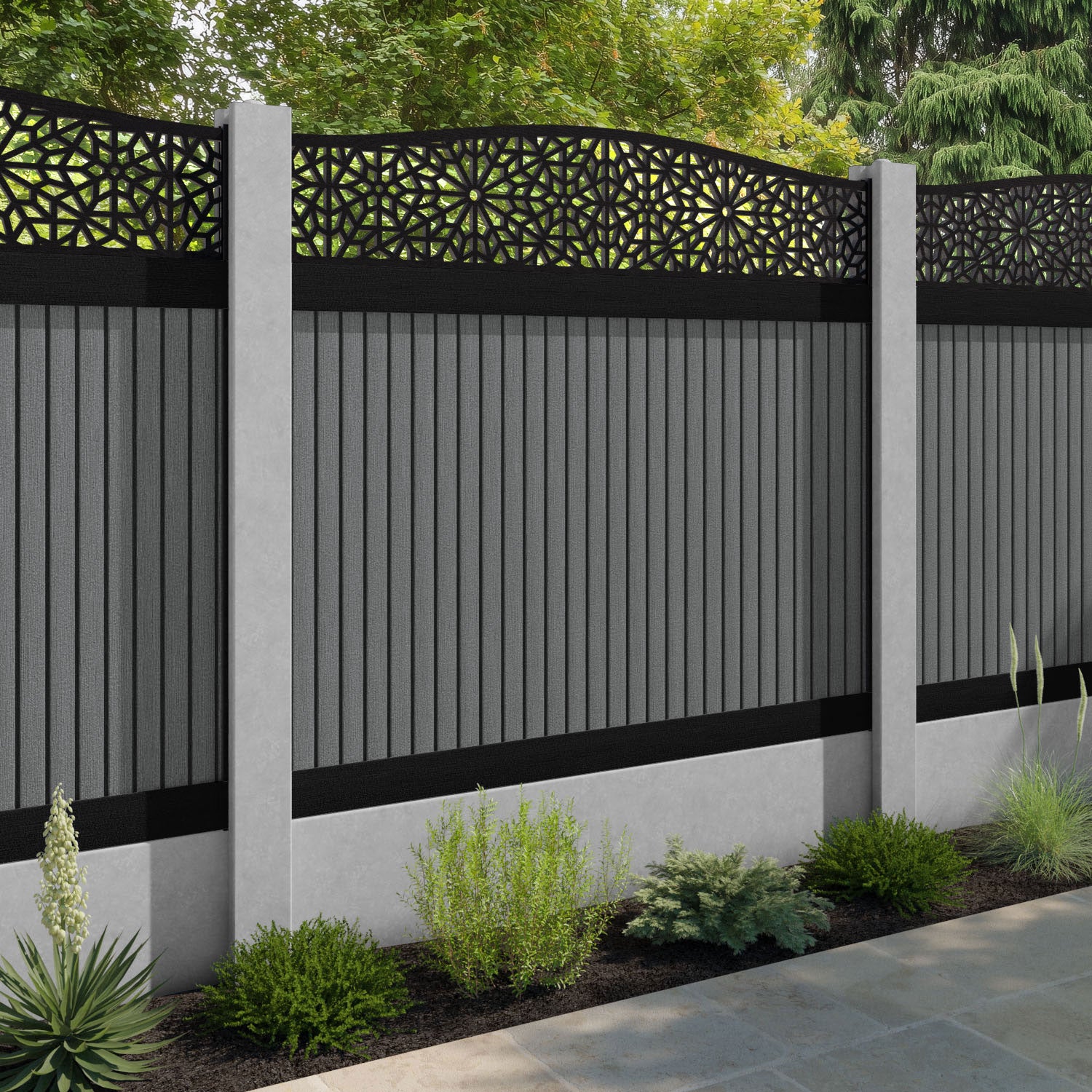 Virtis Alnara Curved Top Fence Panel - Mid Grey - for existing concrete posts