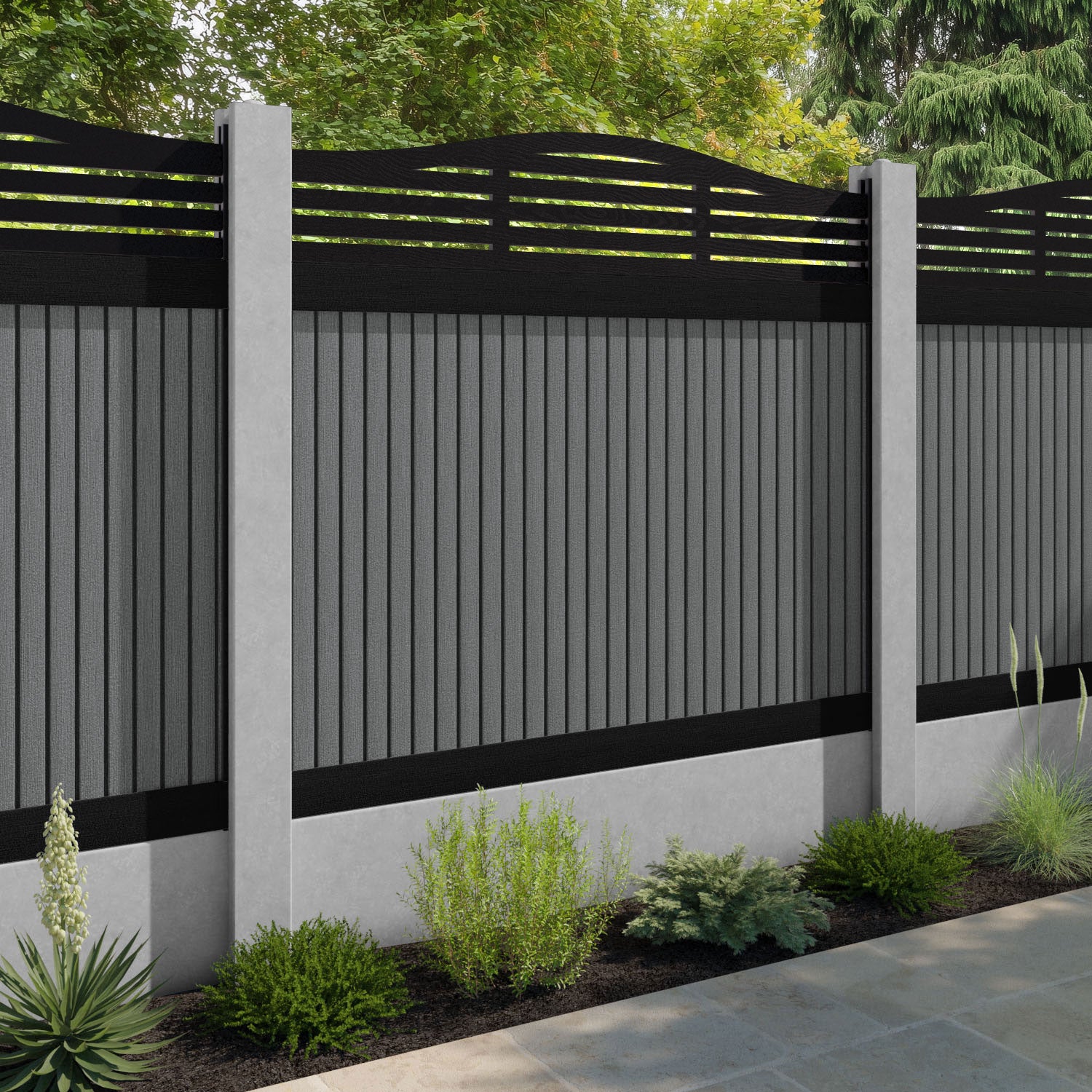 Virtis Aspen Curved Top Fence Panel - Mid Grey - for existing concrete posts
