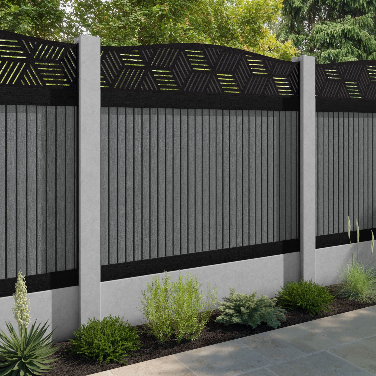 Virtis Cubed Curved Top Fence Panel - Mid Grey - for existing concrete posts
