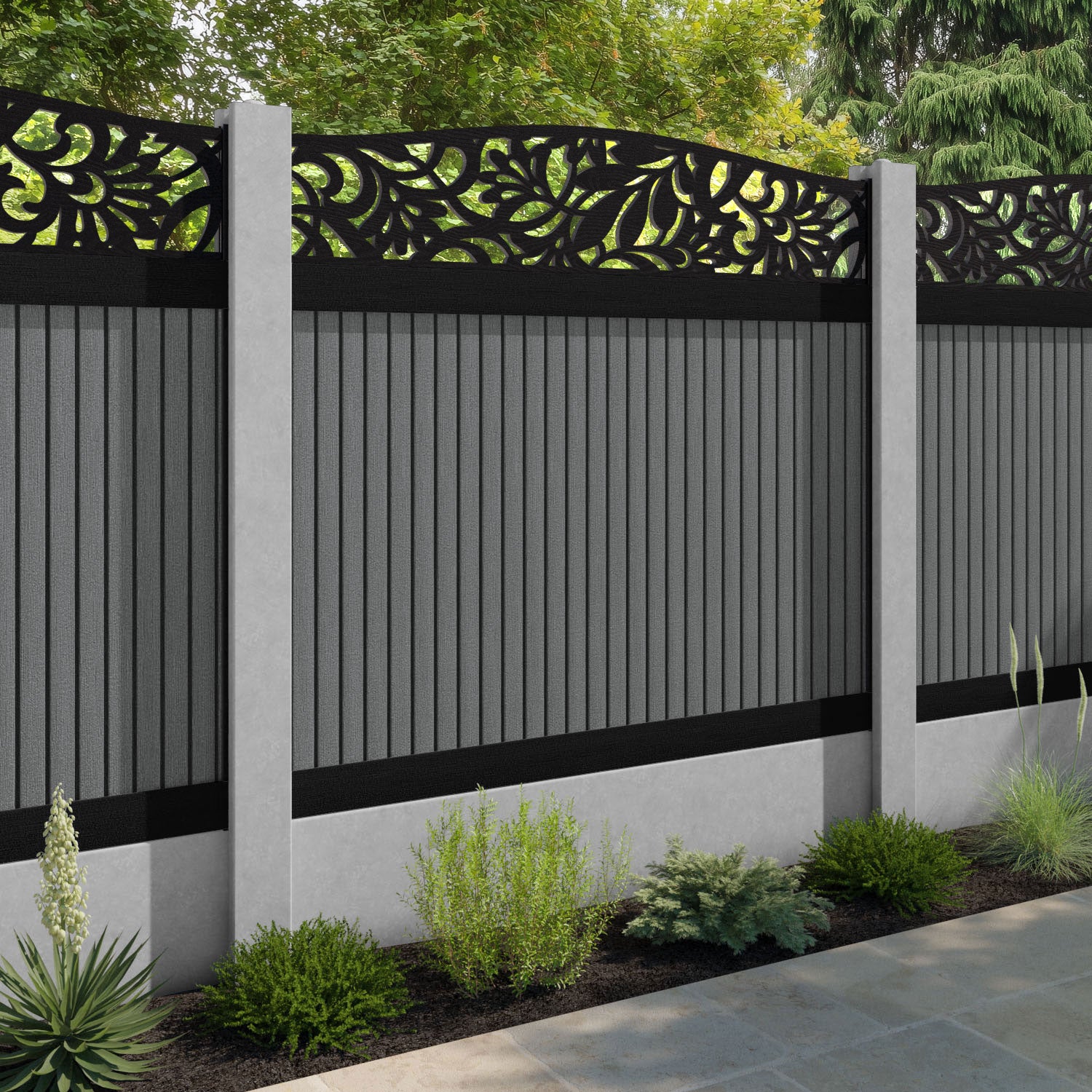 Virtis Heritage Curved Top Fence Panel - Mid Grey - for existing concrete posts