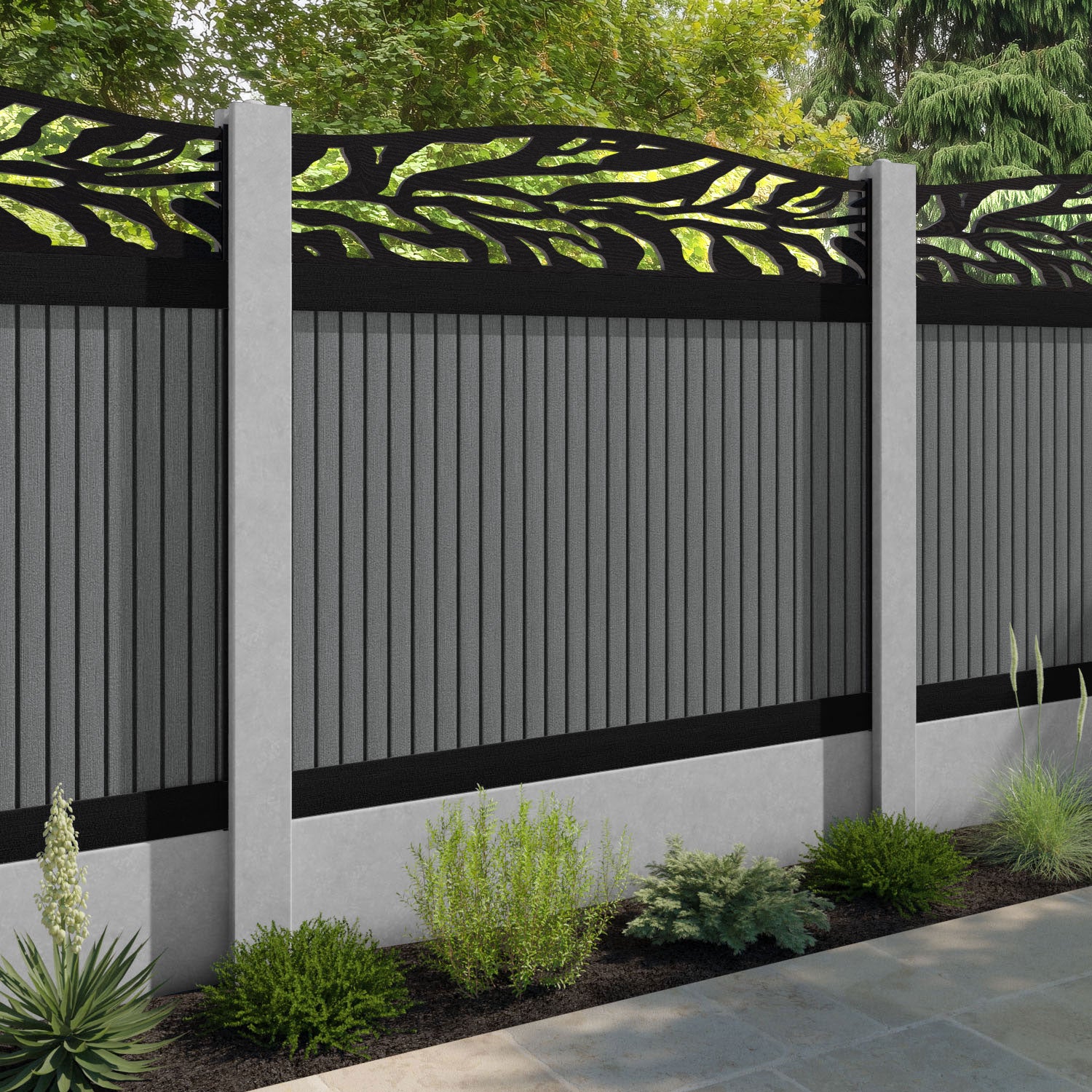 Virtis Malawi Curved Top Fence Panel - Mid Grey - for existing concrete posts