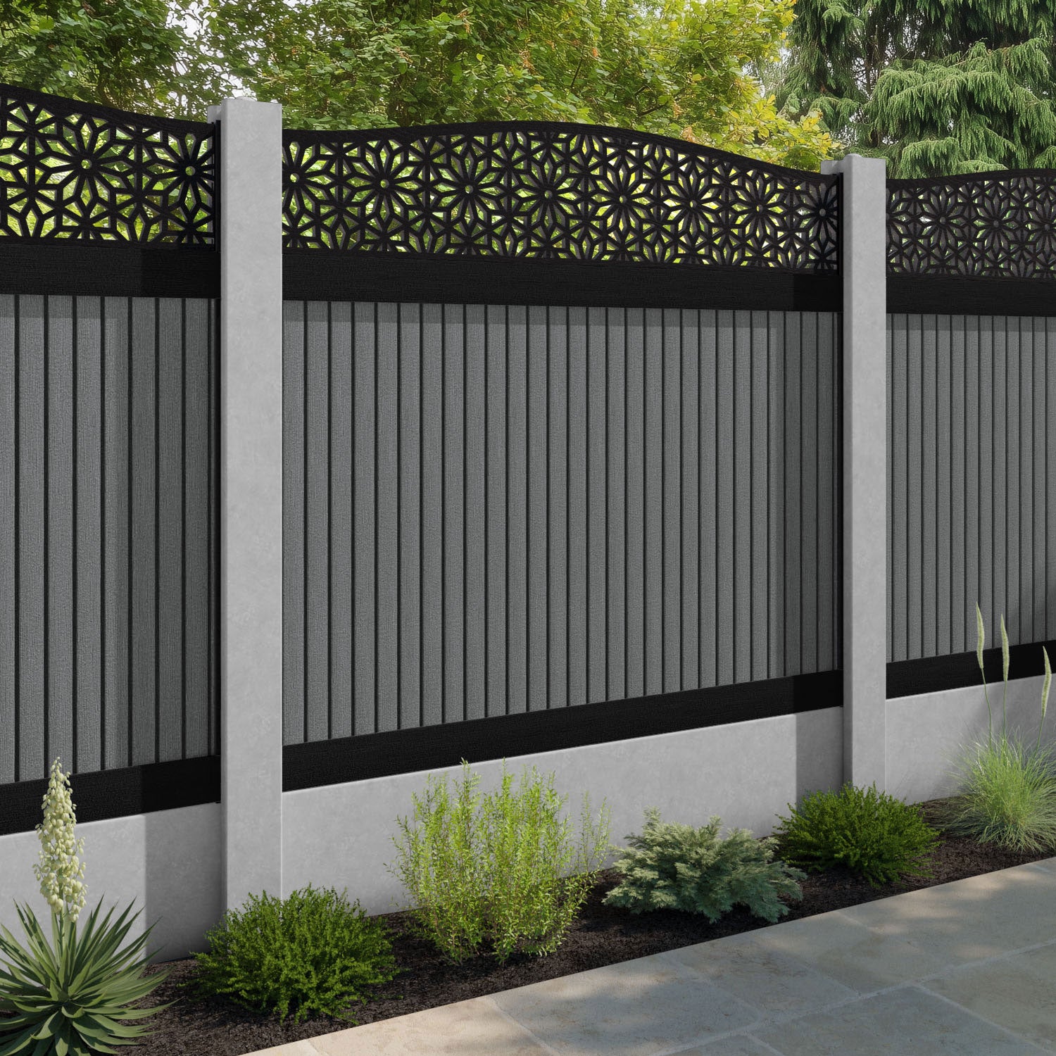 Virtis Narwa Curved Top Fence Panel - Mid Grey - for existing concrete posts