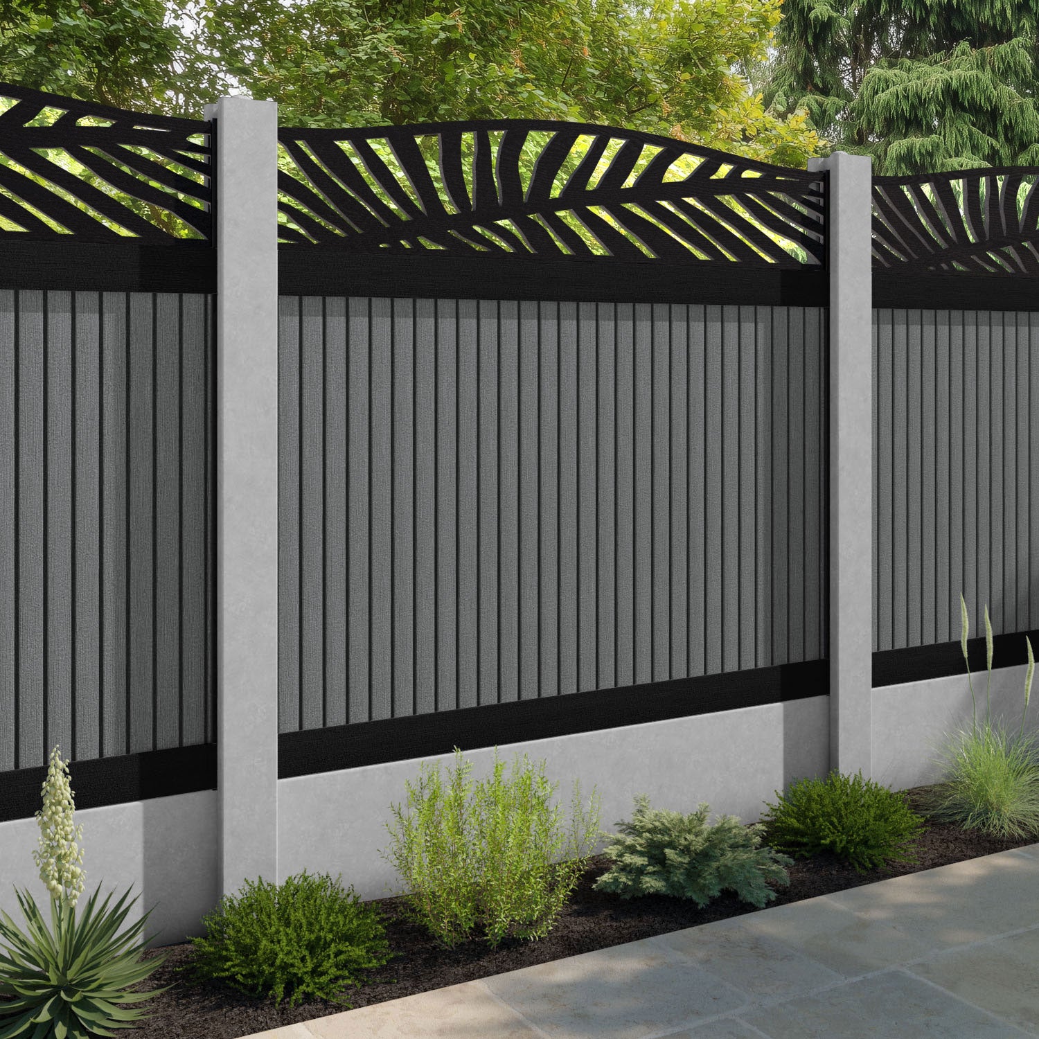Virtis Palm Curved Top Fence Panel - Mid Grey - for existing concrete posts