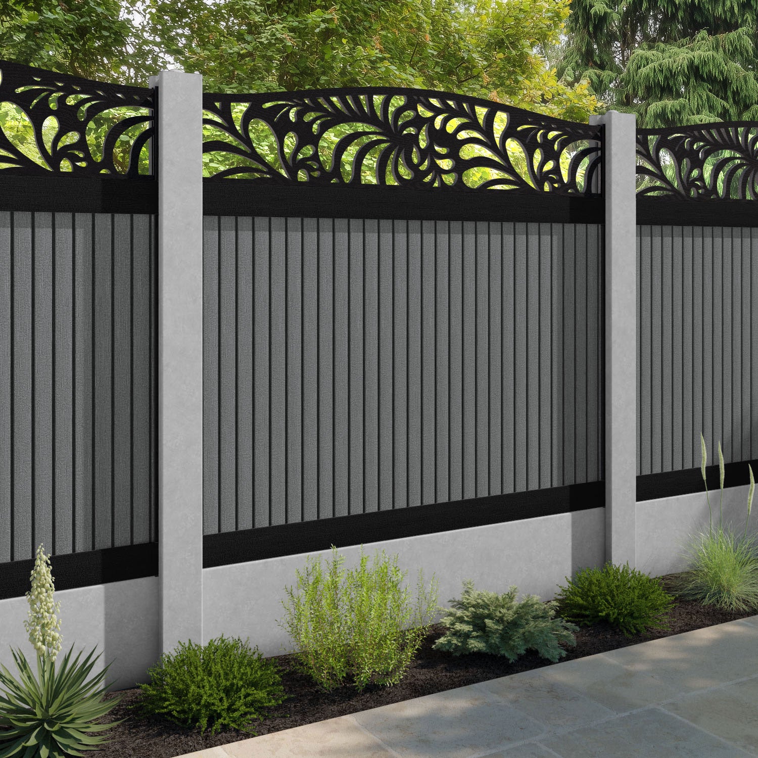 Virtis Petal Curved Top Fence Panel - Mid Grey - for existing concrete posts