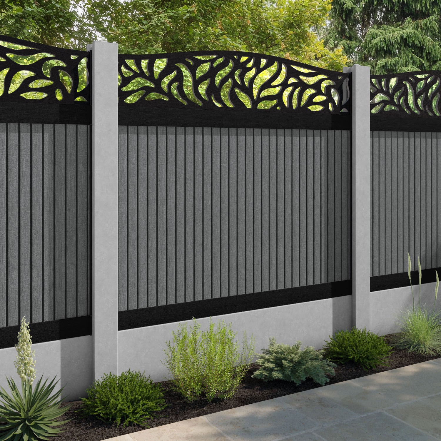 Virtis Plume Curved Top Fence Panel - Mid Grey - for existing concrete posts