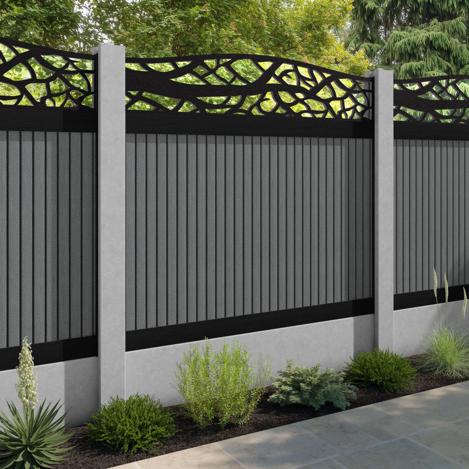 Virtis Twilight Curved Top Fence Panel - Mid Grey - for existing concrete posts