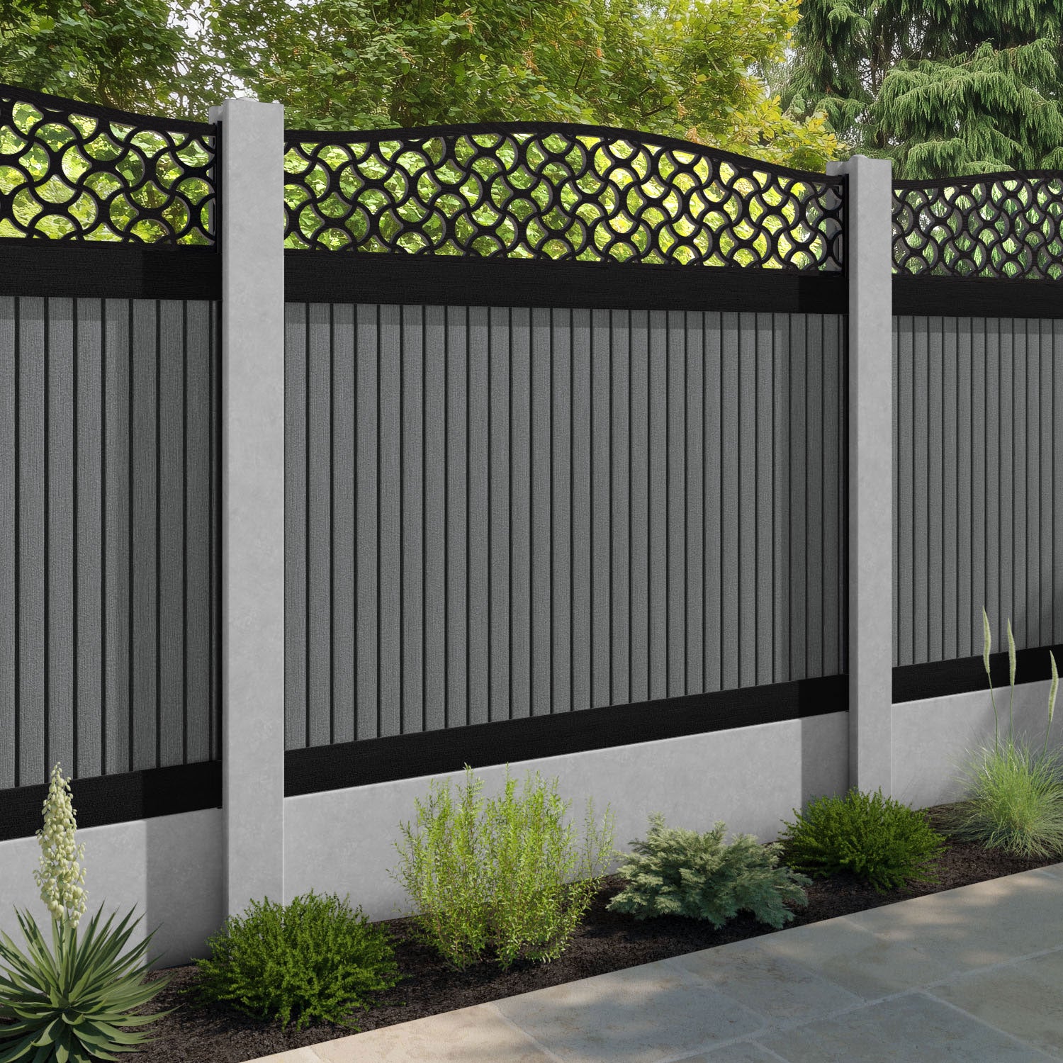 Virtis Vida Curved Top Fence Panel - Mid Grey - for existing concrete posts