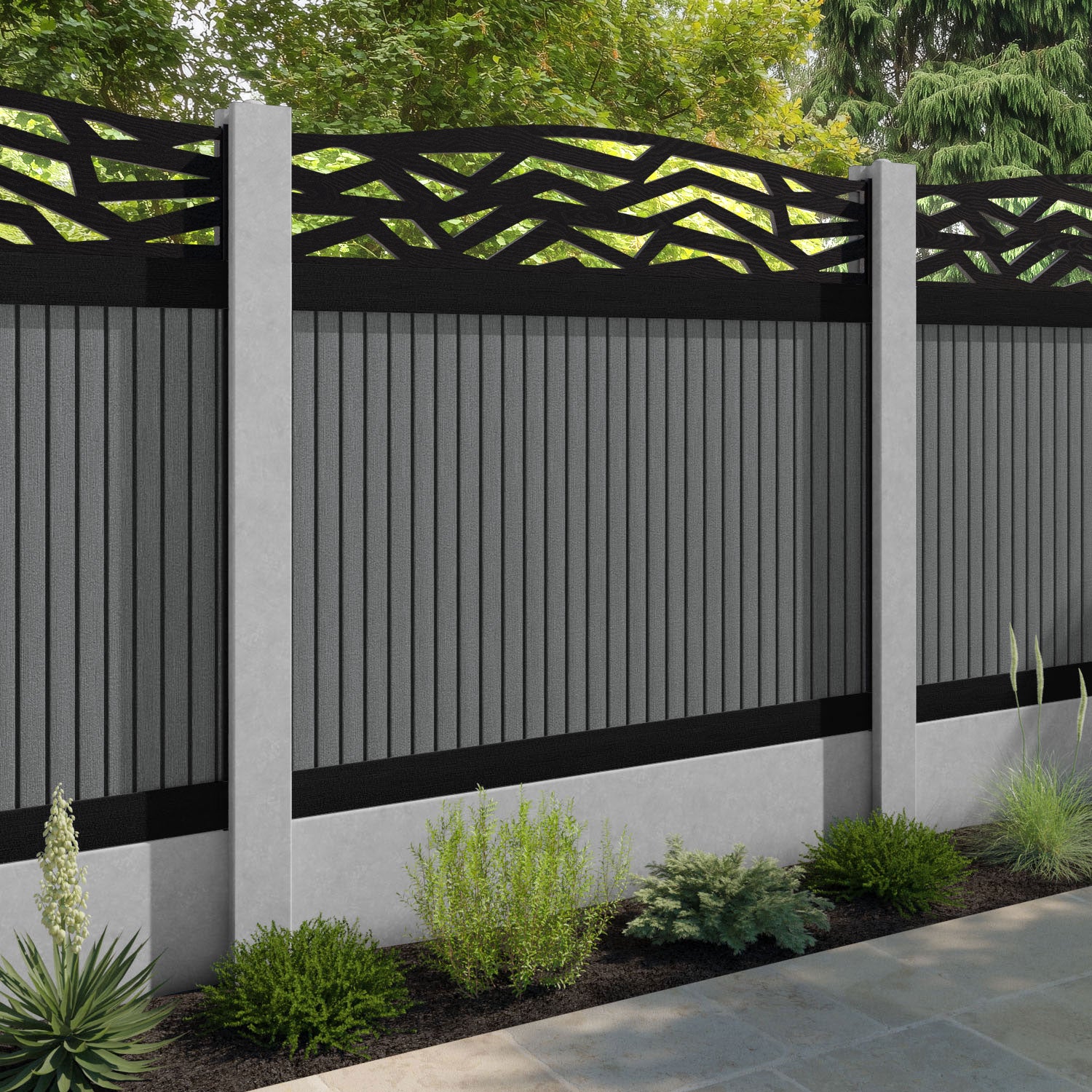 Virtis Zenith Curved Top Fence Panel - Mid Grey - for existing concrete posts