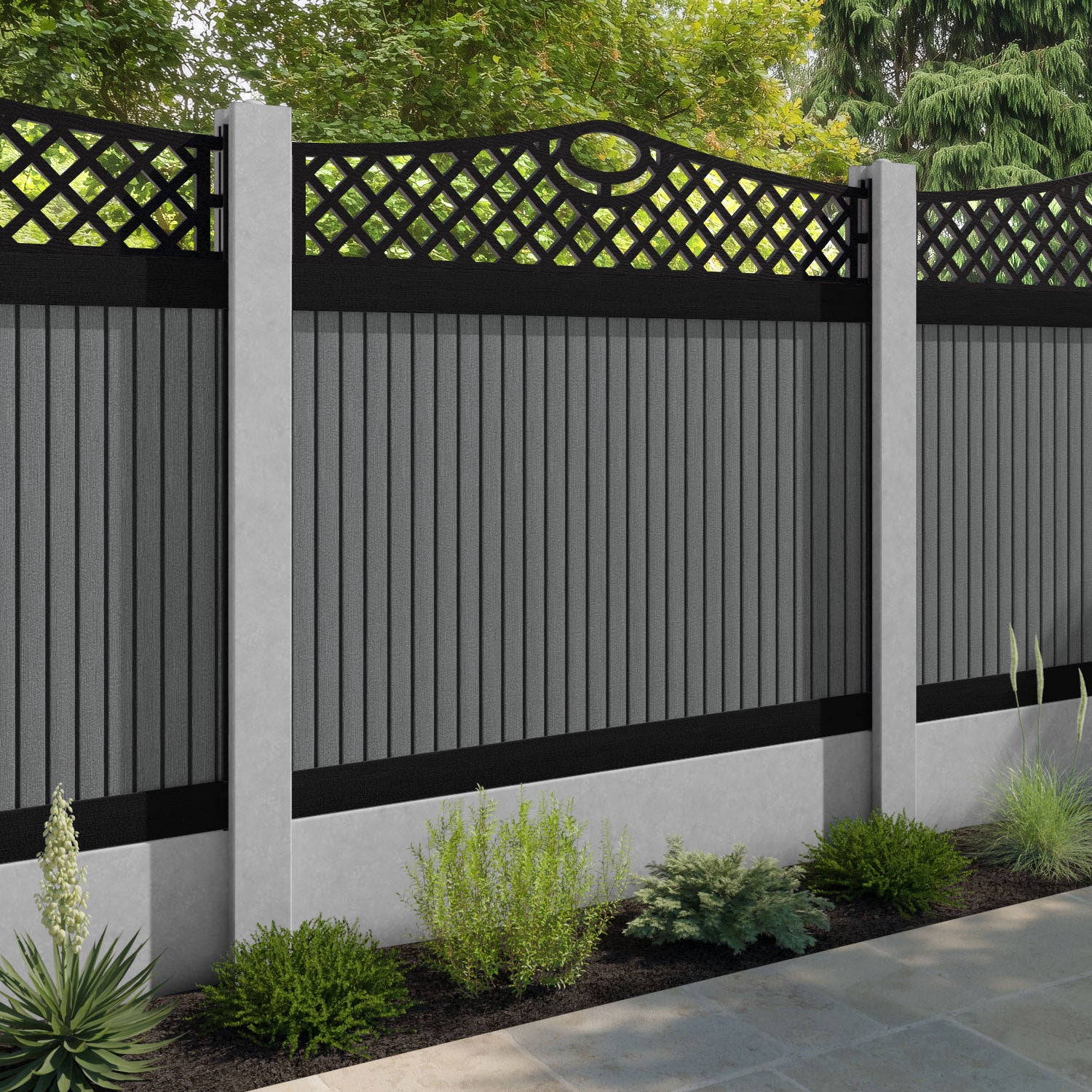 Virtis Oxford Curved Top Fence Panel - Mid Grey - for existing concrete posts