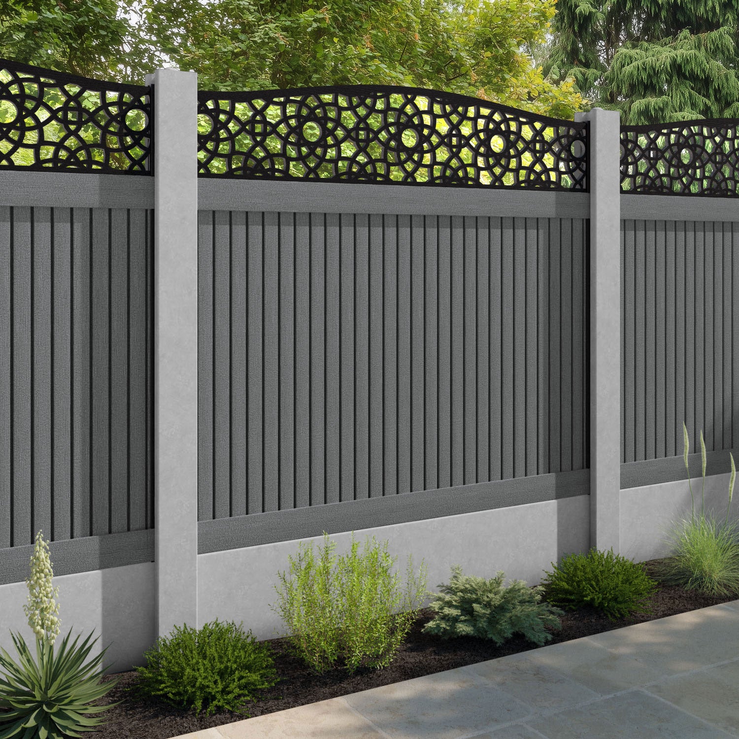 Virtis Ambar Curved Top Fence Panel - Mid Grey - for existing concrete posts