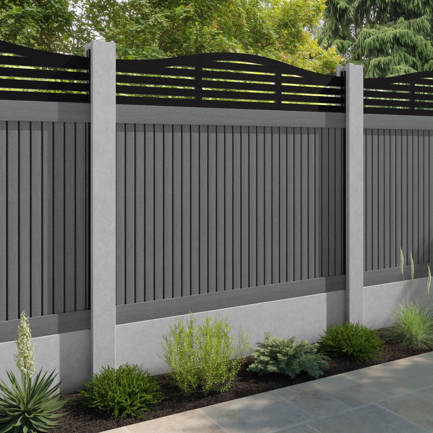 Virtis Aspen Curved Top Fence Panel - Mid Grey - for existing concrete posts