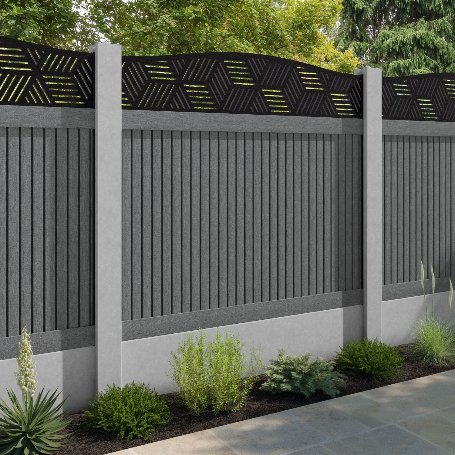 Virtis Cubed Curved Top Fence Panel - Mid Grey - for existing concrete posts