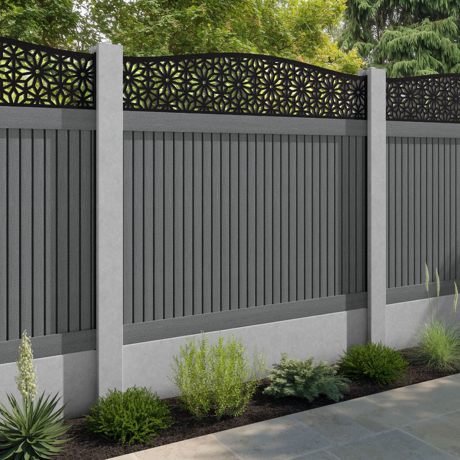 Virtis Narwa Curved Top Fence Panel - Mid Grey - for existing concrete posts