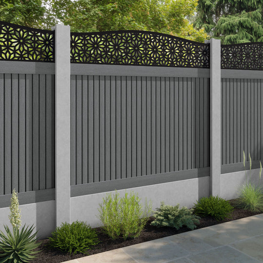 Virtis Narwa Curved Top Fence Panel - Mid Grey - for existing concrete posts