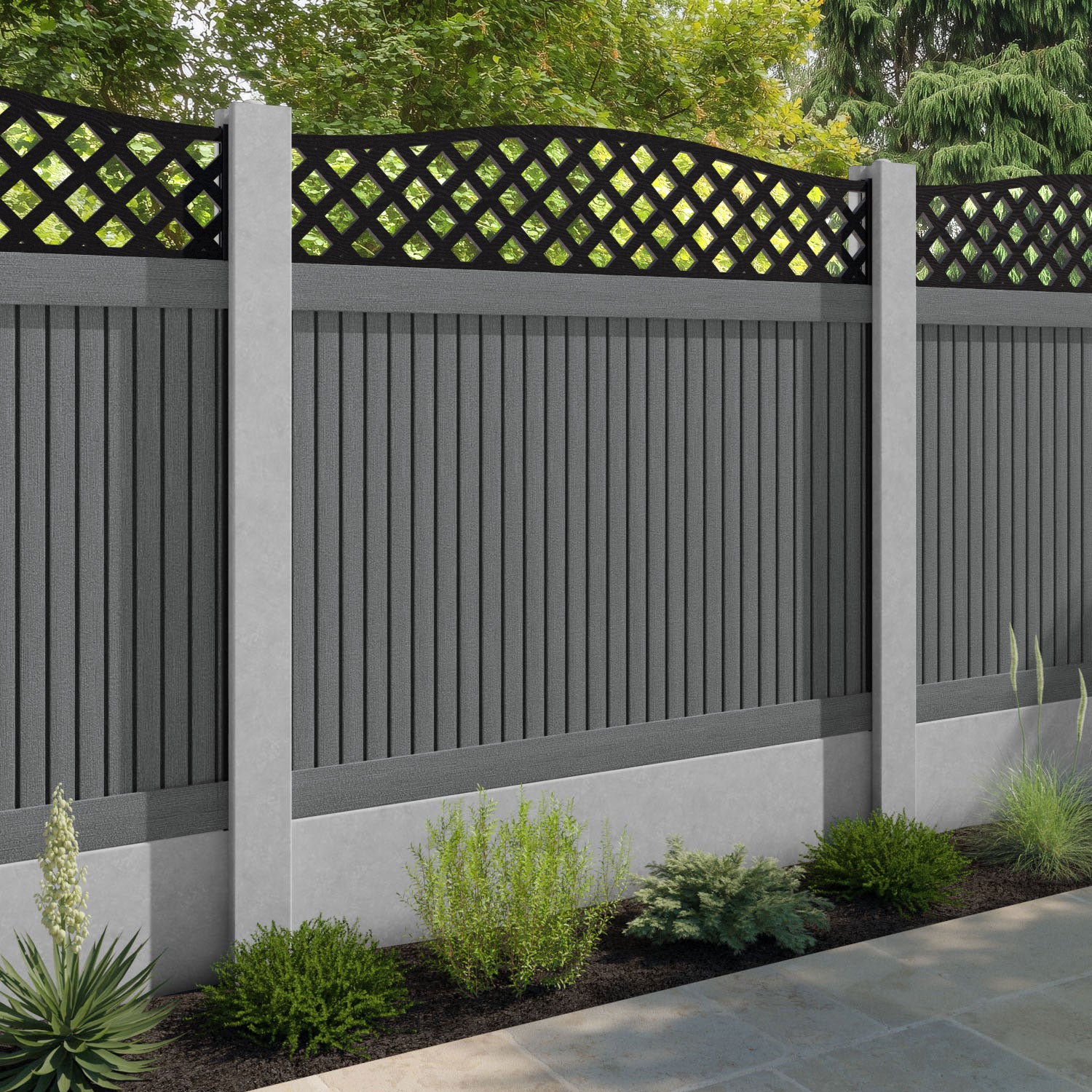 Virtis High Wave Fence Panel - Mid Grey - for existing concrete posts