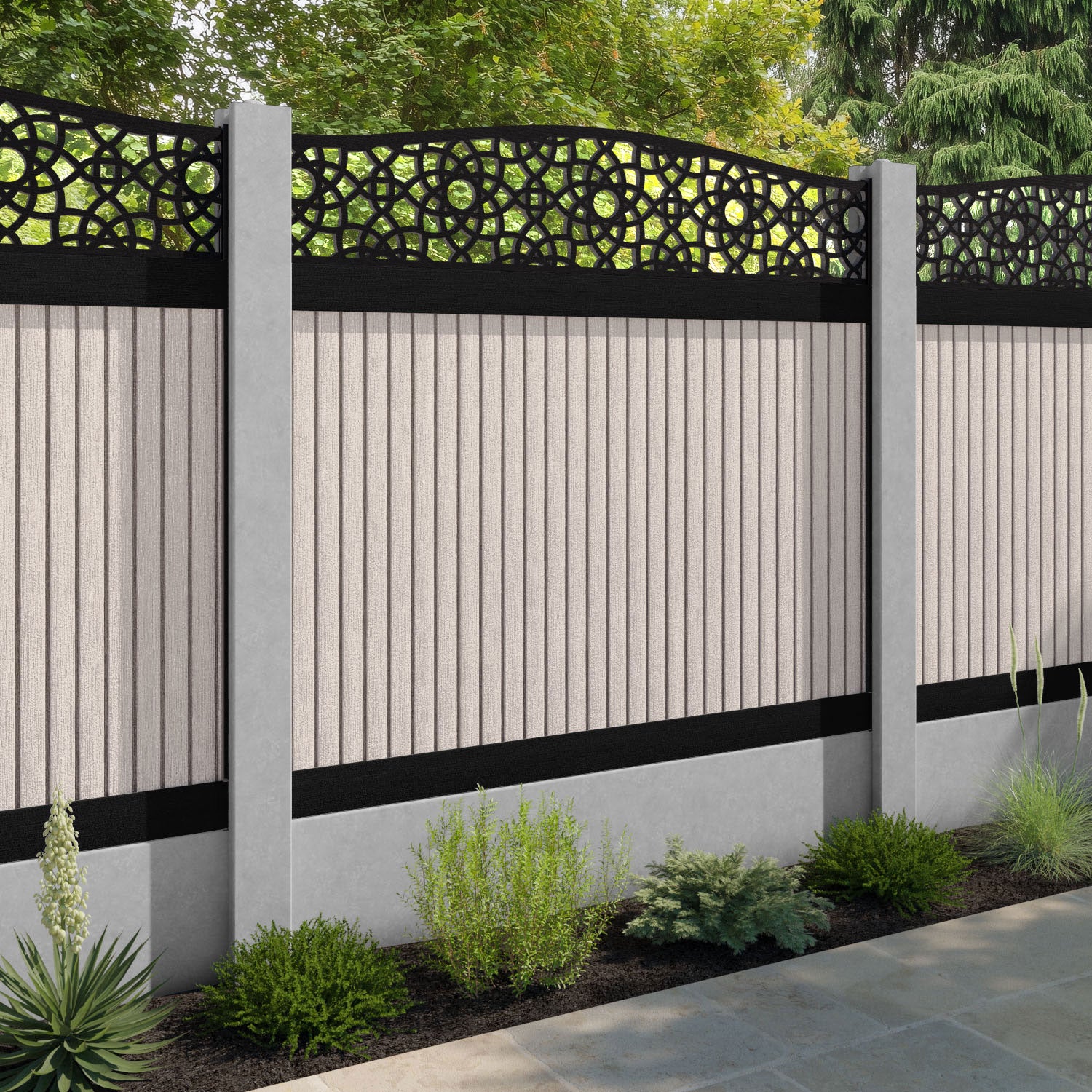 Virtis Ambar Curved Top Fence Panel - Mid Stone - for existing concrete posts
