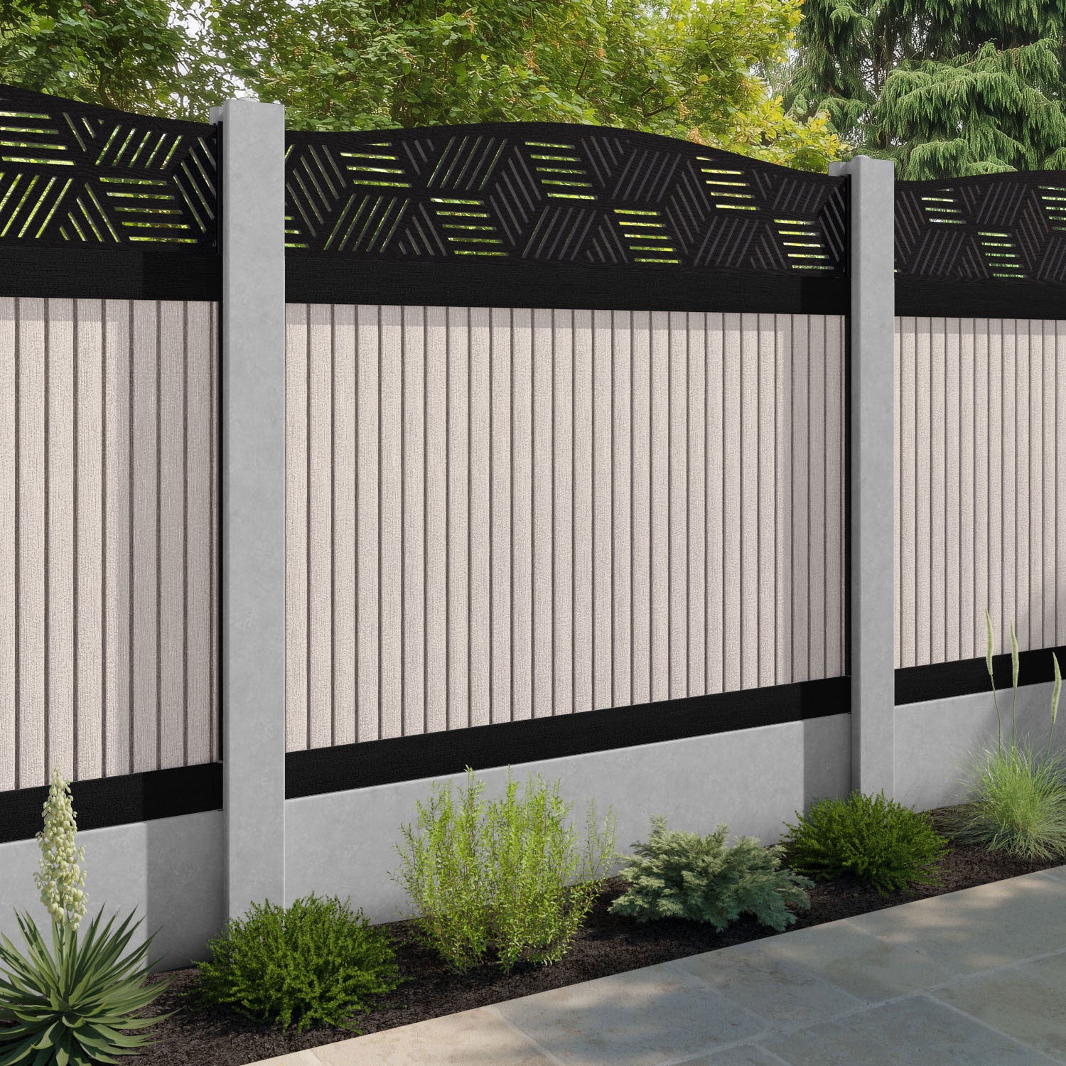 Virtis Cubed Curved Top Fence Panel - Mid Stone - for existing concrete posts