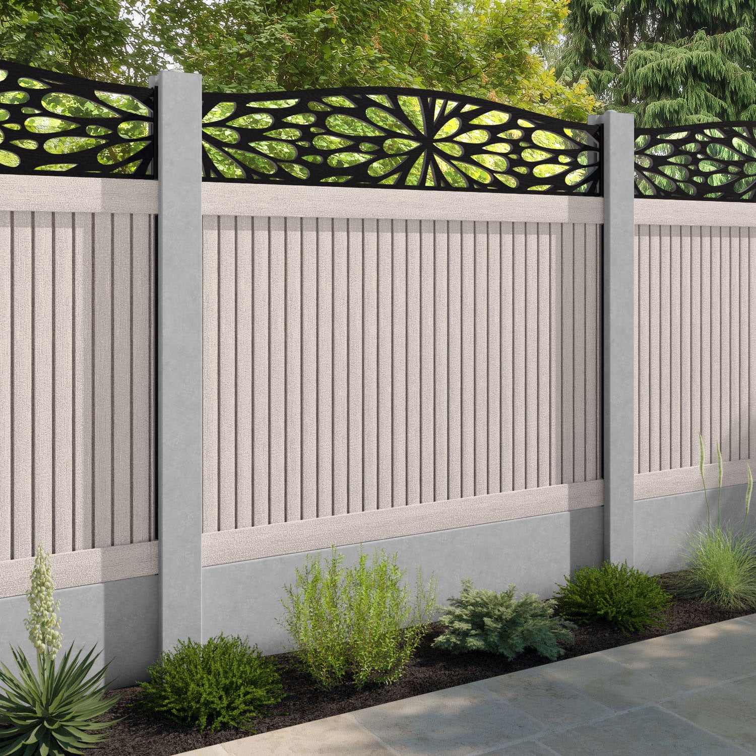 Virtis Blossom Curved Top Fence Panel - Mid Stone - for existing concrete posts