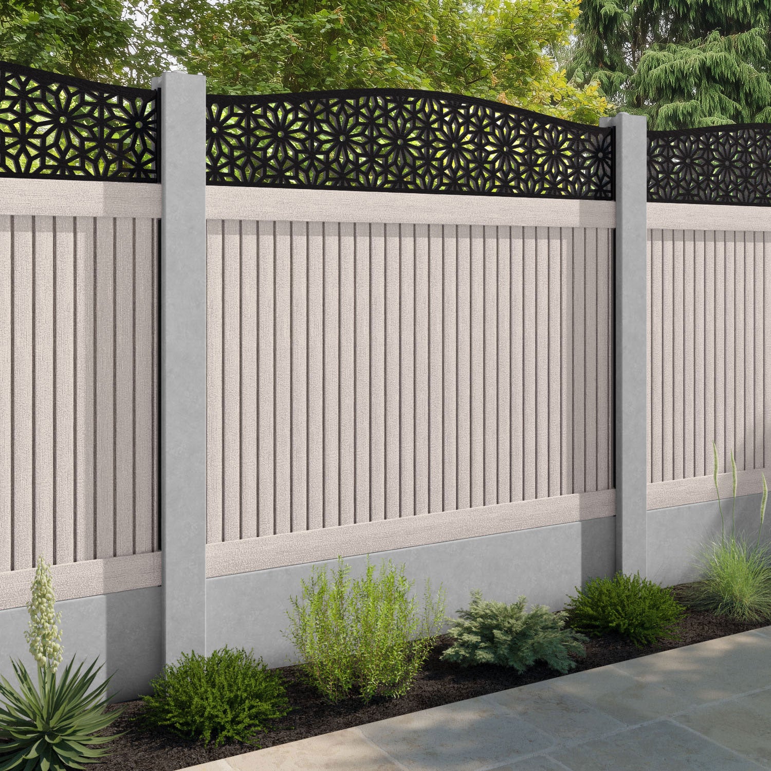 Virtis Narwa Curved Top Fence Panel - Mid Stone - for existing concrete posts