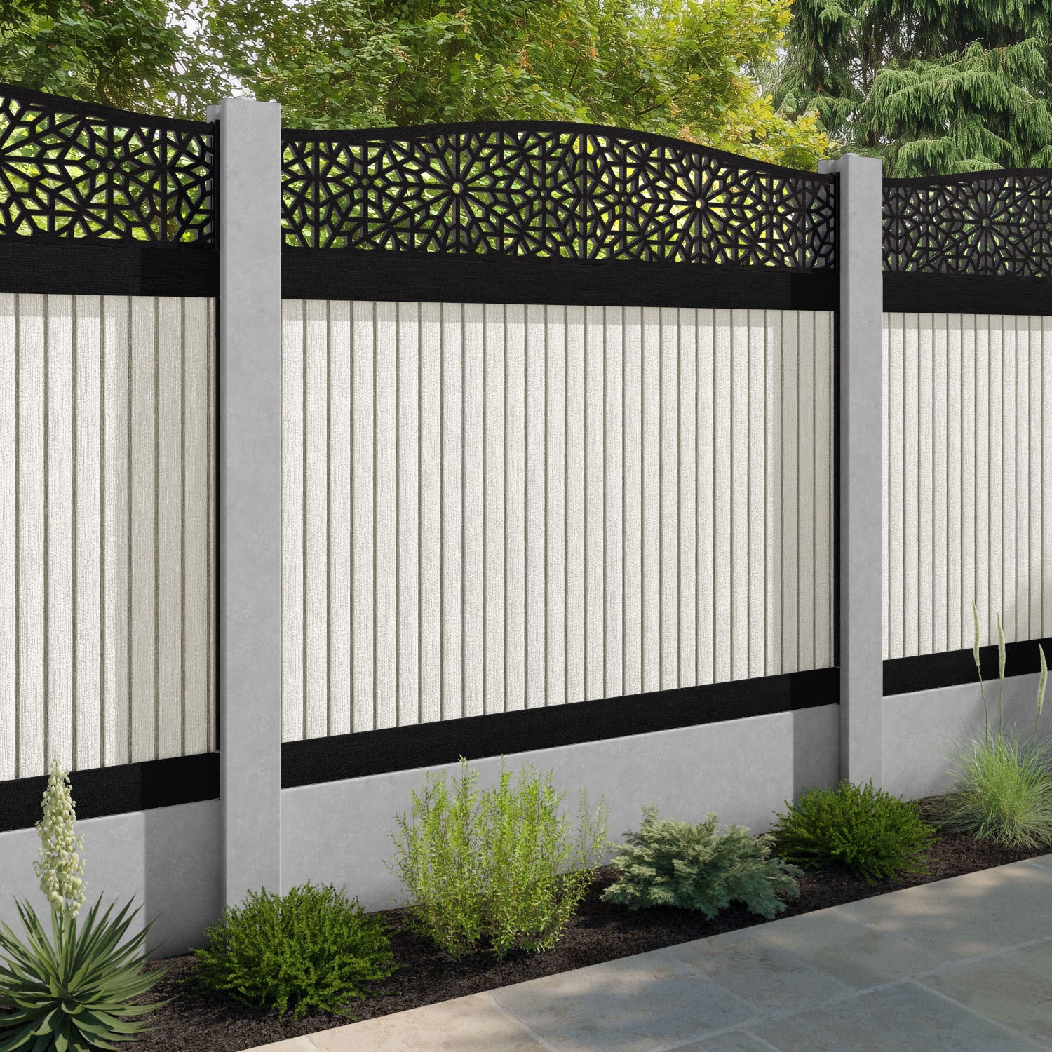 Virtis Alnara Curved Top Fence Panel - Light Stone - for existing concrete posts