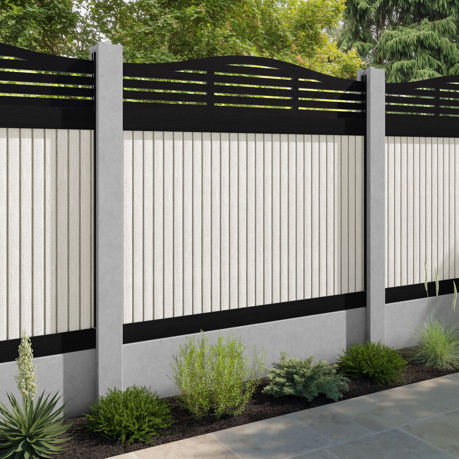 Virtis Aspen Curved Top Fence Panel - Light Stone - for existing concrete posts