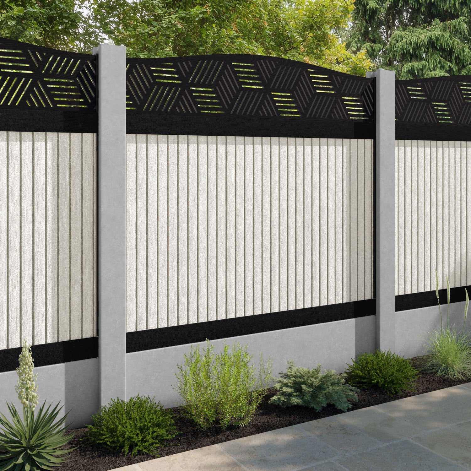 Virtis Cubed Curved Top Fence Panel - Light Stone - for existing concrete posts