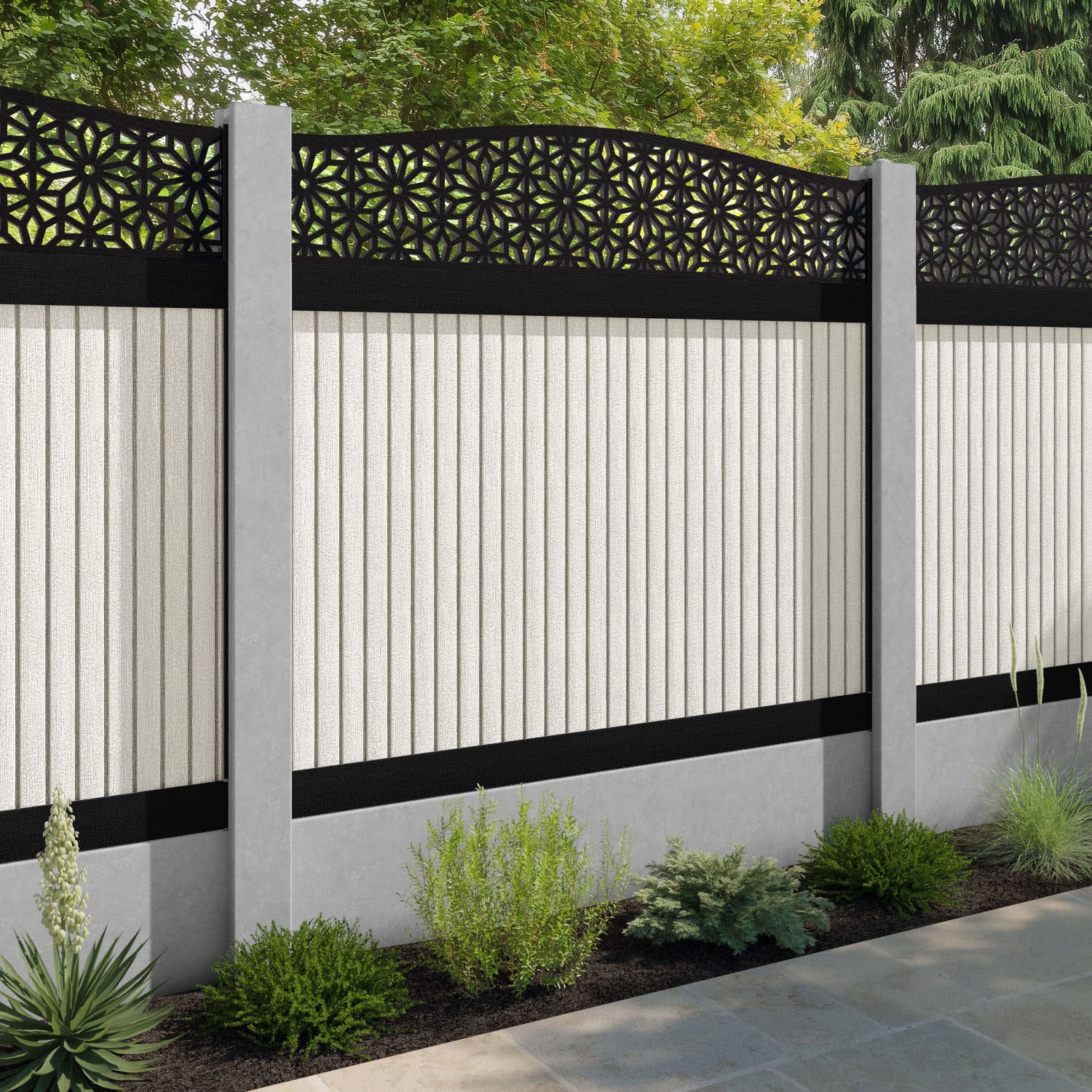 Virtis Narwa Curved Top Fence Panel - Light Stone - for existing concrete posts